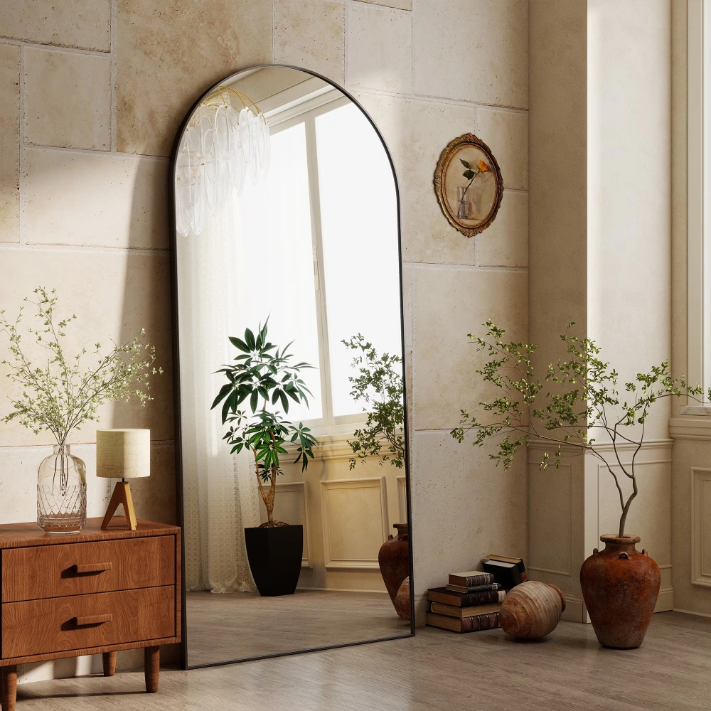 71x30 Arch Top Full Length Floor Mirror, Oversized Metal Frame Standing Mirror, Freestanding Wall Mirror for Bedroom Living Room, Black