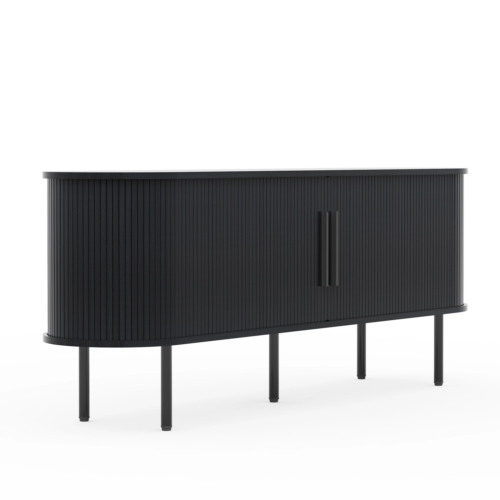 Black Embossed Particle Board TV Stand, Oval Tabletop 147×35×58cm, Entertainment Center with Slatted Sliding Doors, Modern Media Console Cabinet for Living Room view 10