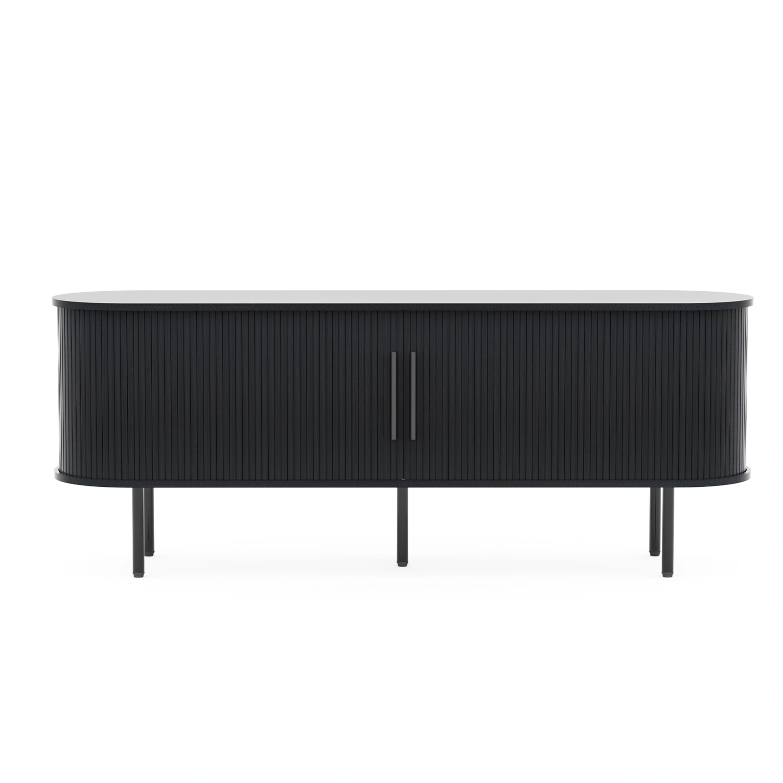 Black Embossed Particle Board TV Stand, Oval Tabletop 147×35×58cm, Entertainment Center with Slatted Sliding Doors, Modern Media Console Cabinet for Living Room view 11