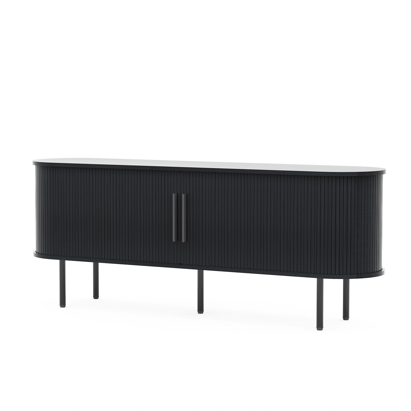 Black Embossed Particle Board TV Stand, Oval Tabletop 147×35×58cm, Entertainment Center with Slatted Sliding Doors, Modern Media Console Cabinet for Living Room view 12