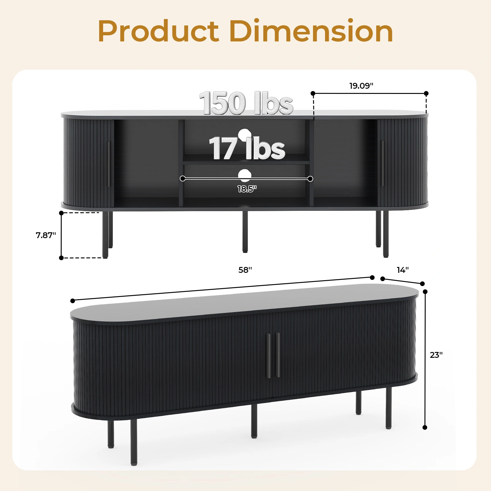 Black Embossed Particle Board TV Stand, Oval Tabletop 147×35×58cm, Entertainment Center with Slatted Sliding Doors, Modern Media Console Cabinet for Living Room view 9