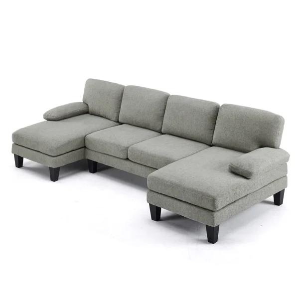 U-Shaped Convertible Sectional Sofa with 2 Short Chaise Lounges, 4-Seater Modular Chenille Fabric Couch with Plastic Legs, 111.4" L x 48.4" D x 33.1" H Indoor Living Room Combination Sofa, Grey Blue