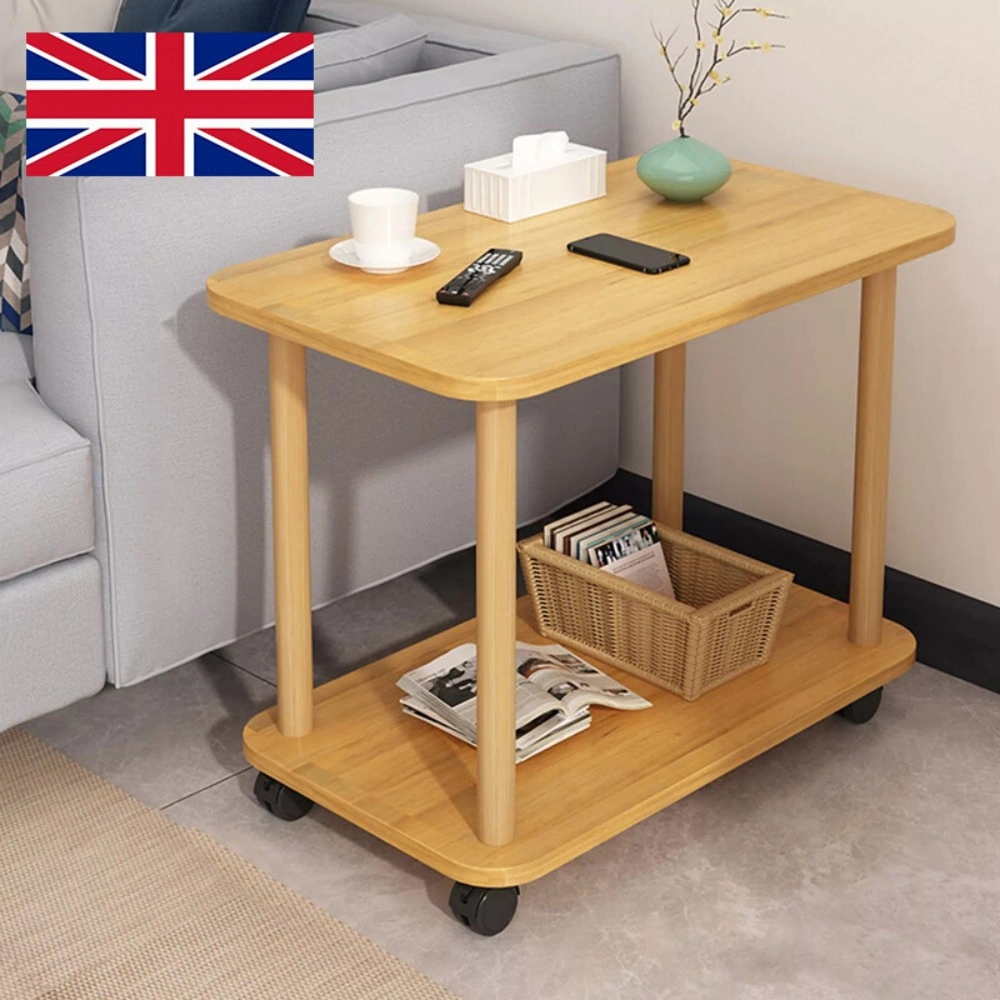 2-Tier Small Sofa Side Table with Wheels, Couch End Table for Coffee Tea Snack Storage