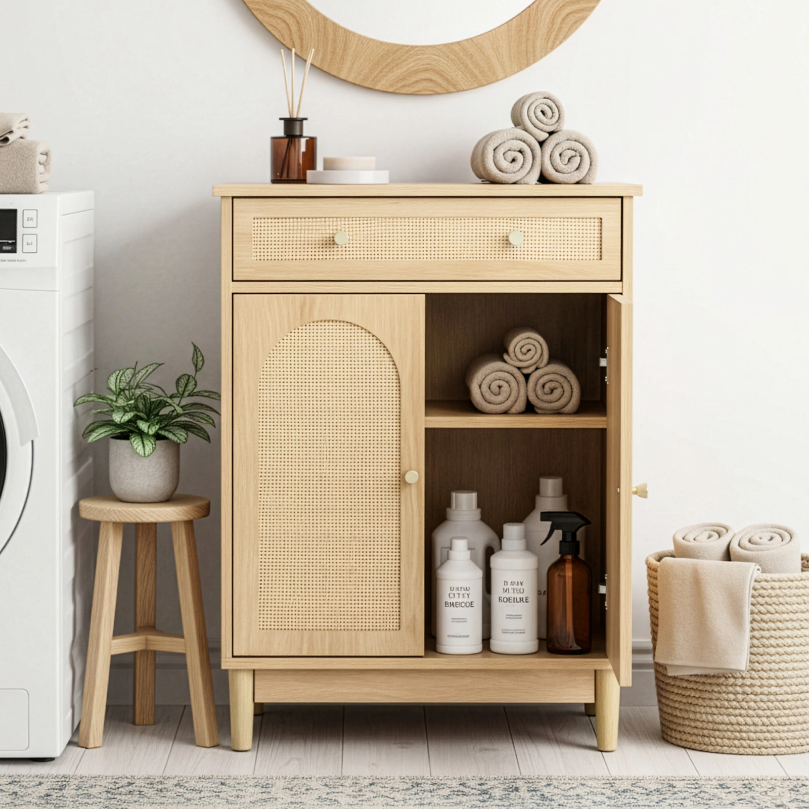 60x30x80cm Bathroom Tall Cabinet Natural Wood Color Particleboard Melamine Veneer Rattan 1 Drawer 2 Doors