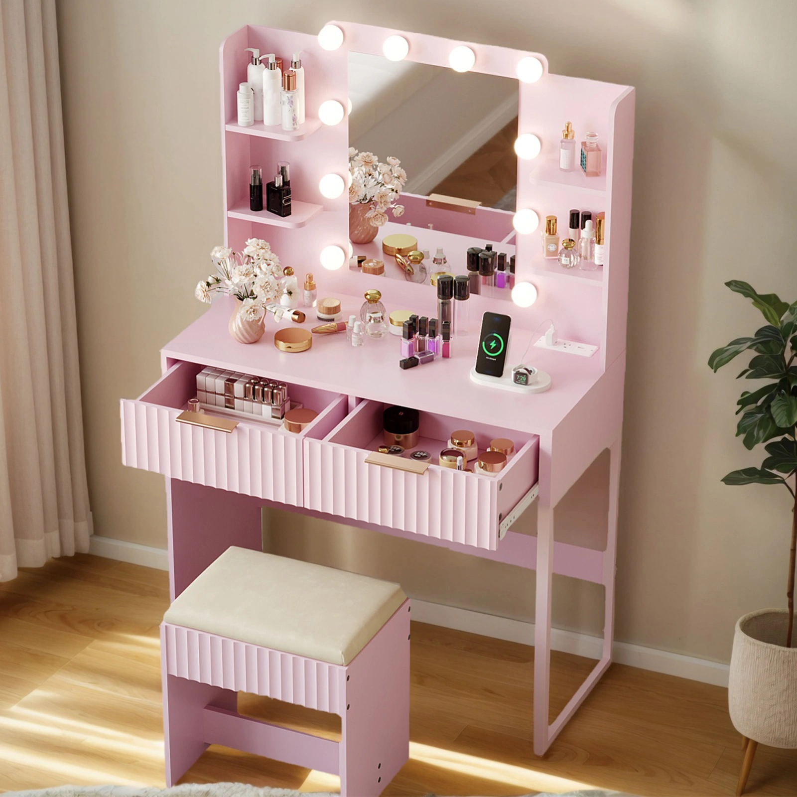 Pink particleboard with a melamine finish, a 2-drawer, 4-shelf dressing table set with 10 three-tone light bulbs, a power strip, and a grille.