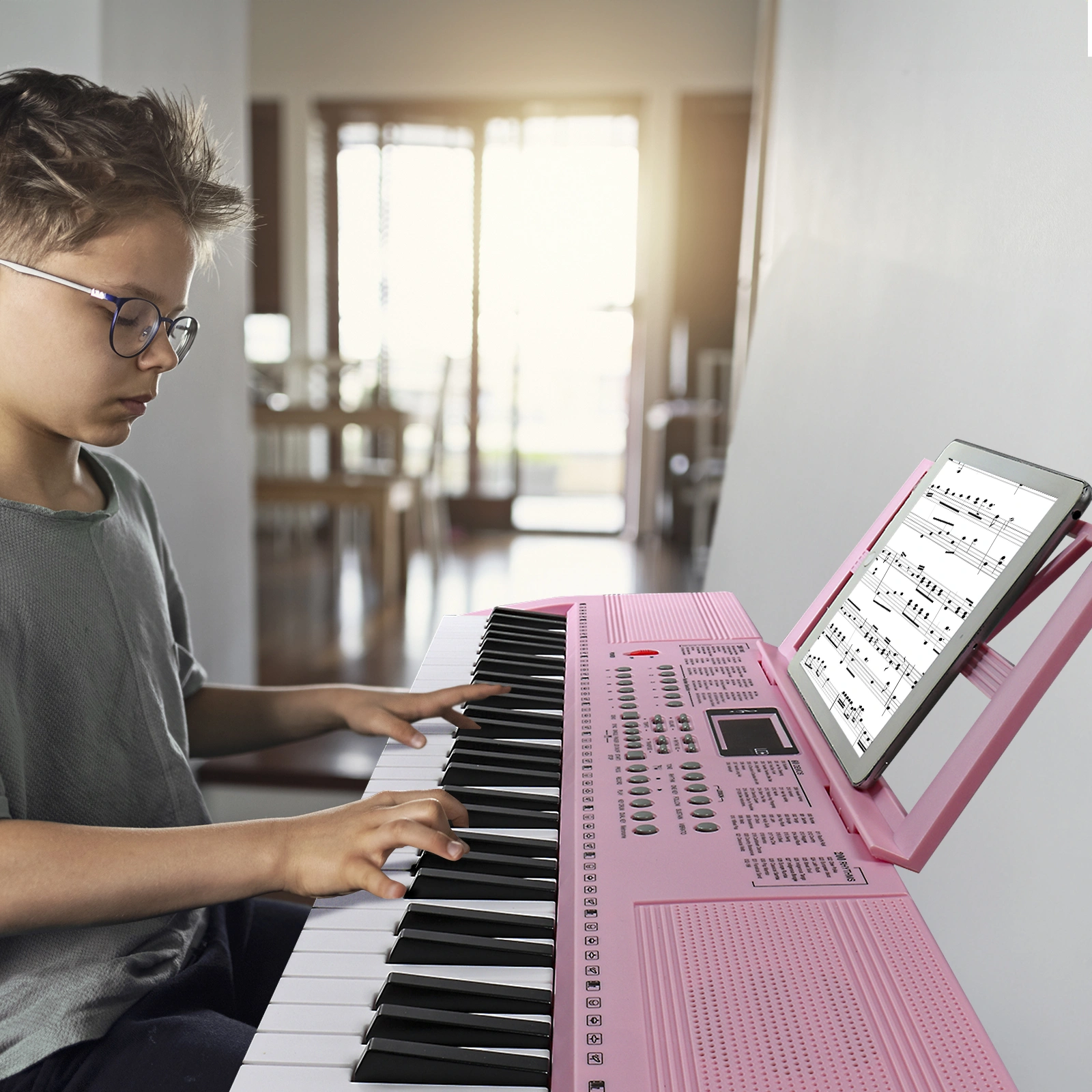 GEP-110 61 Key Lighting Keyboard with Piano Stand, Piano Bench, Built In Speakers, Headphone, Microphone, Music Rest, LED Screen, 3 Teaching Modes for Beginners view 11