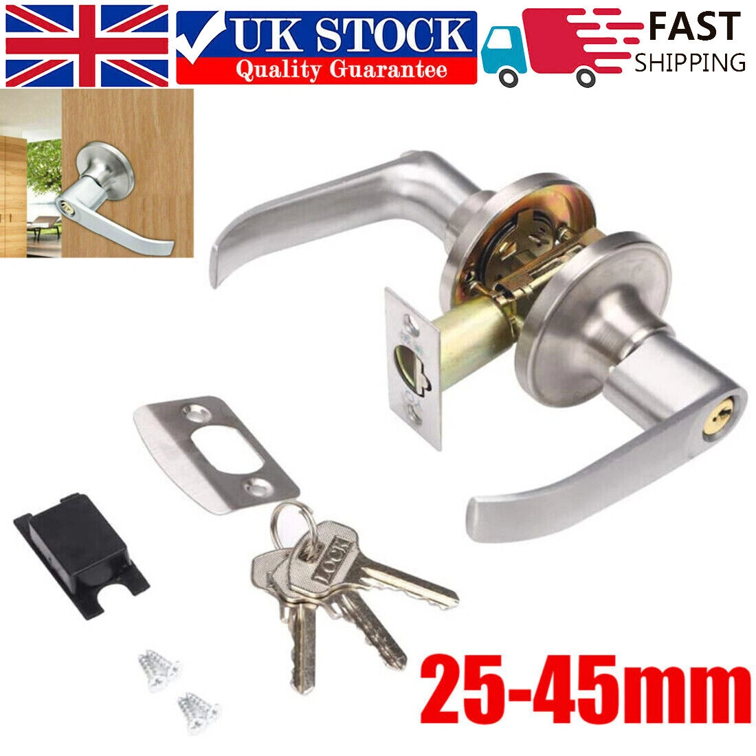 Home Entry Lever Three-Handle Door Lock Set Bathroom Entrance Passage W/3 Keys