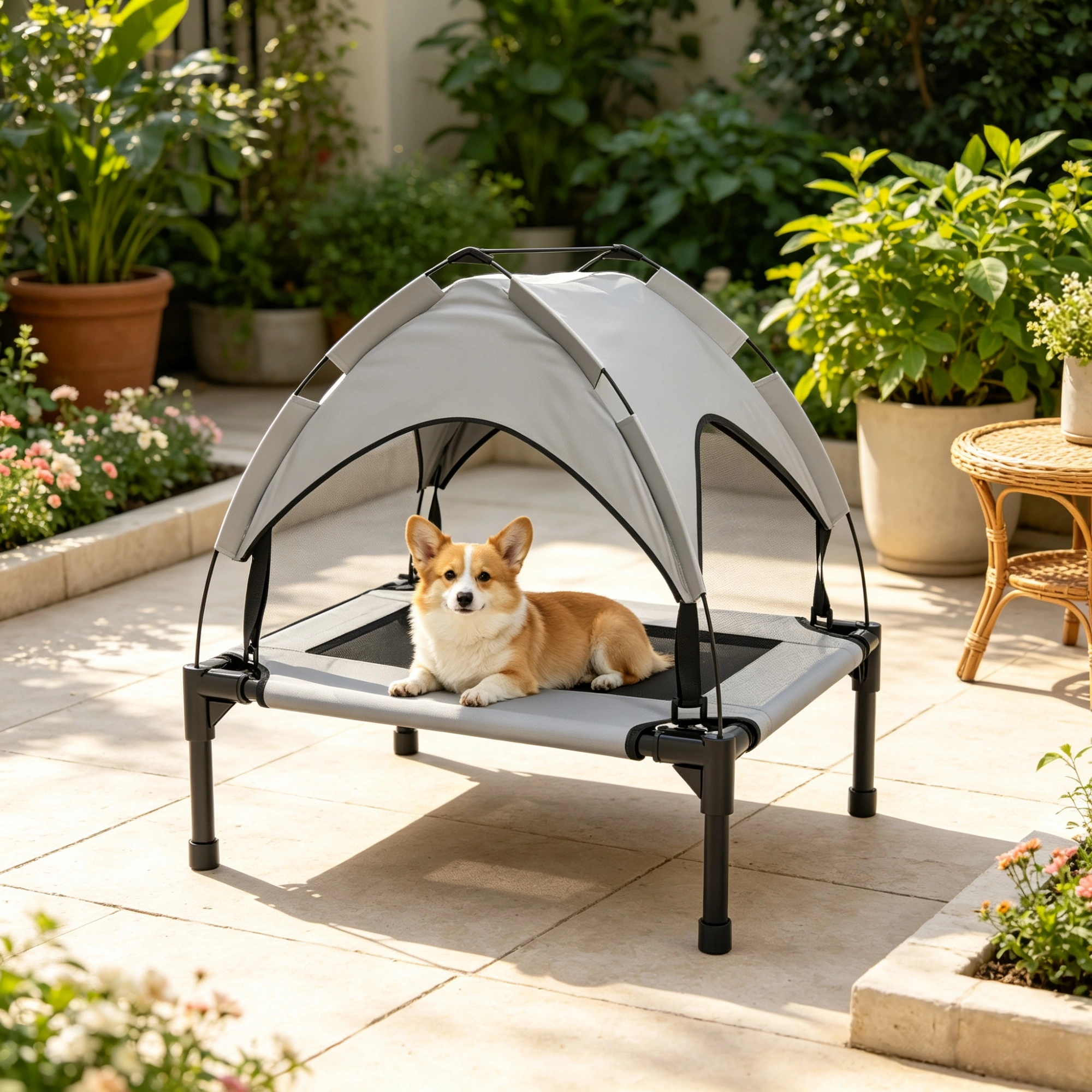 30x24x27 Portable Elevated Pet Cot with Canopy, Washable Mesh Dog Bed for Outdoor Use view 5