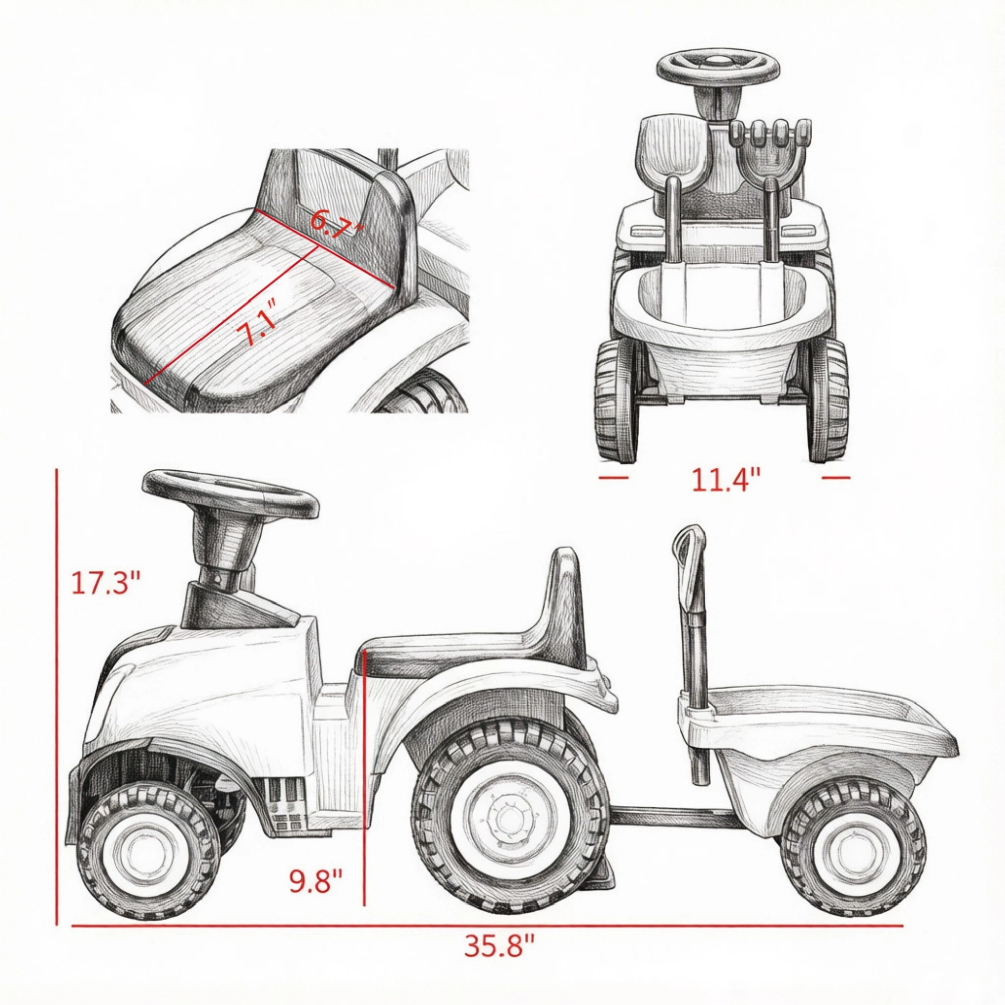 Kids Pedal Ride On Tractor Construction Toy with Shovel & Trailer for 18-36 Month Toddlers view 3