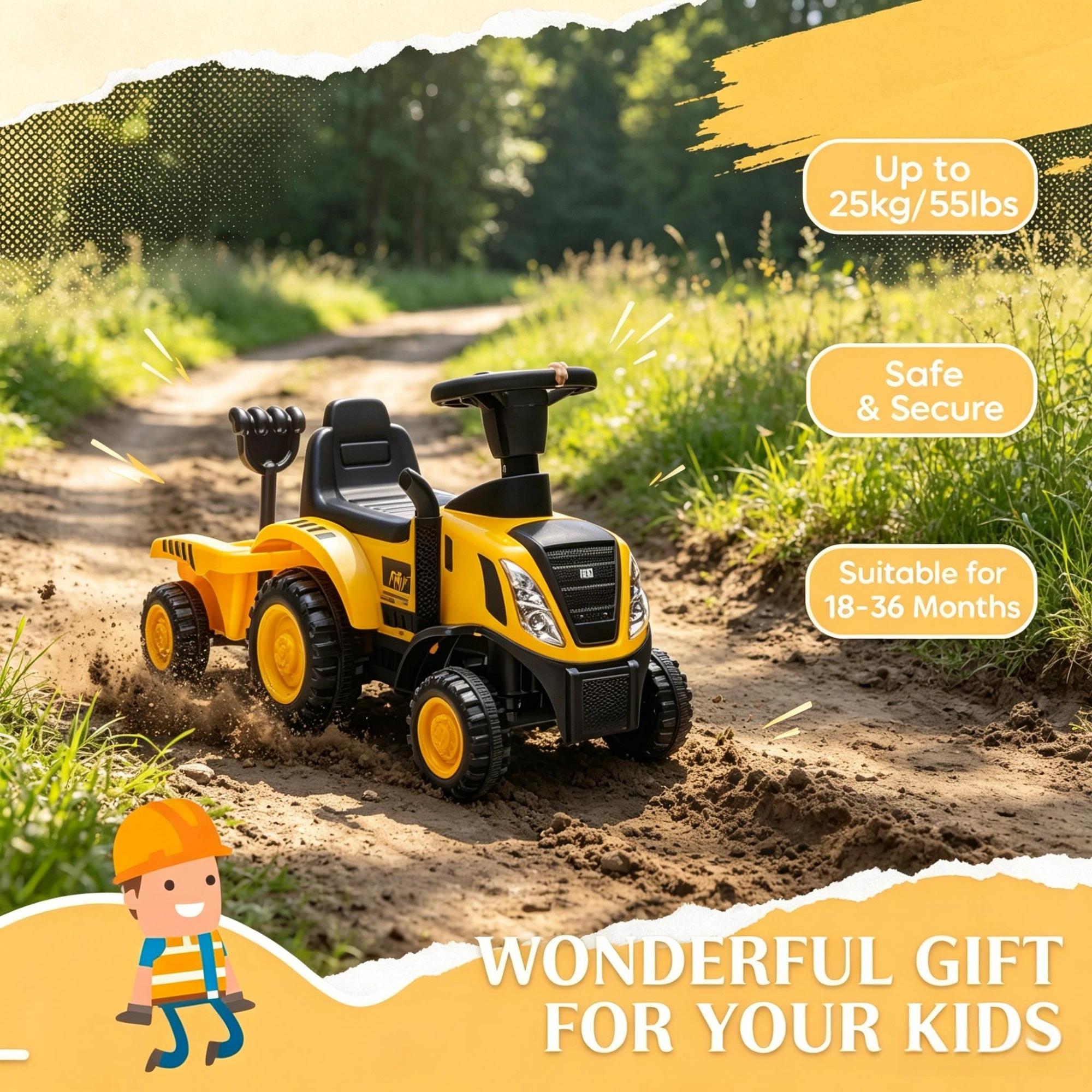 Kids Pedal Ride On Tractor Construction Toy with Shovel & Trailer for 18-36 Month Toddlers view 8