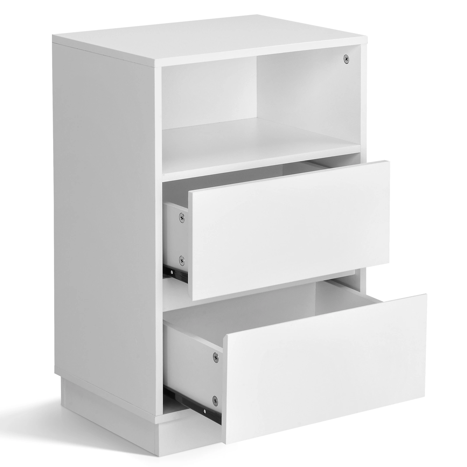 White Nightstand 40x30x60cm, 2-Drawer Bedside Table with Top Shelf, Melamine Finish P2 Particleboard, Beveled Edge Design view 11