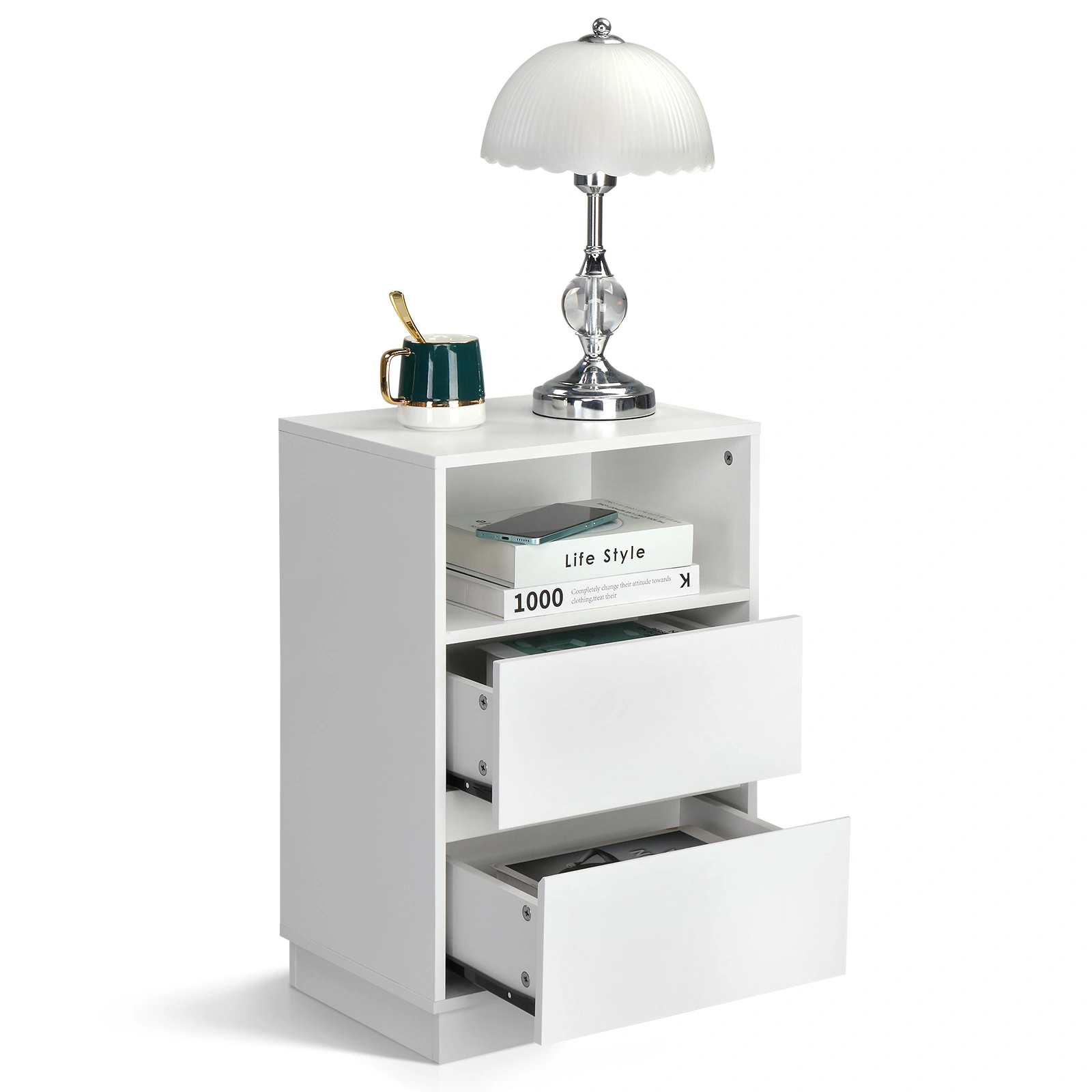 White Nightstand 40x30x60cm, 2-Drawer Bedside Table with Top Shelf, Melamine Finish P2 Particleboard, Beveled Edge Design view 12