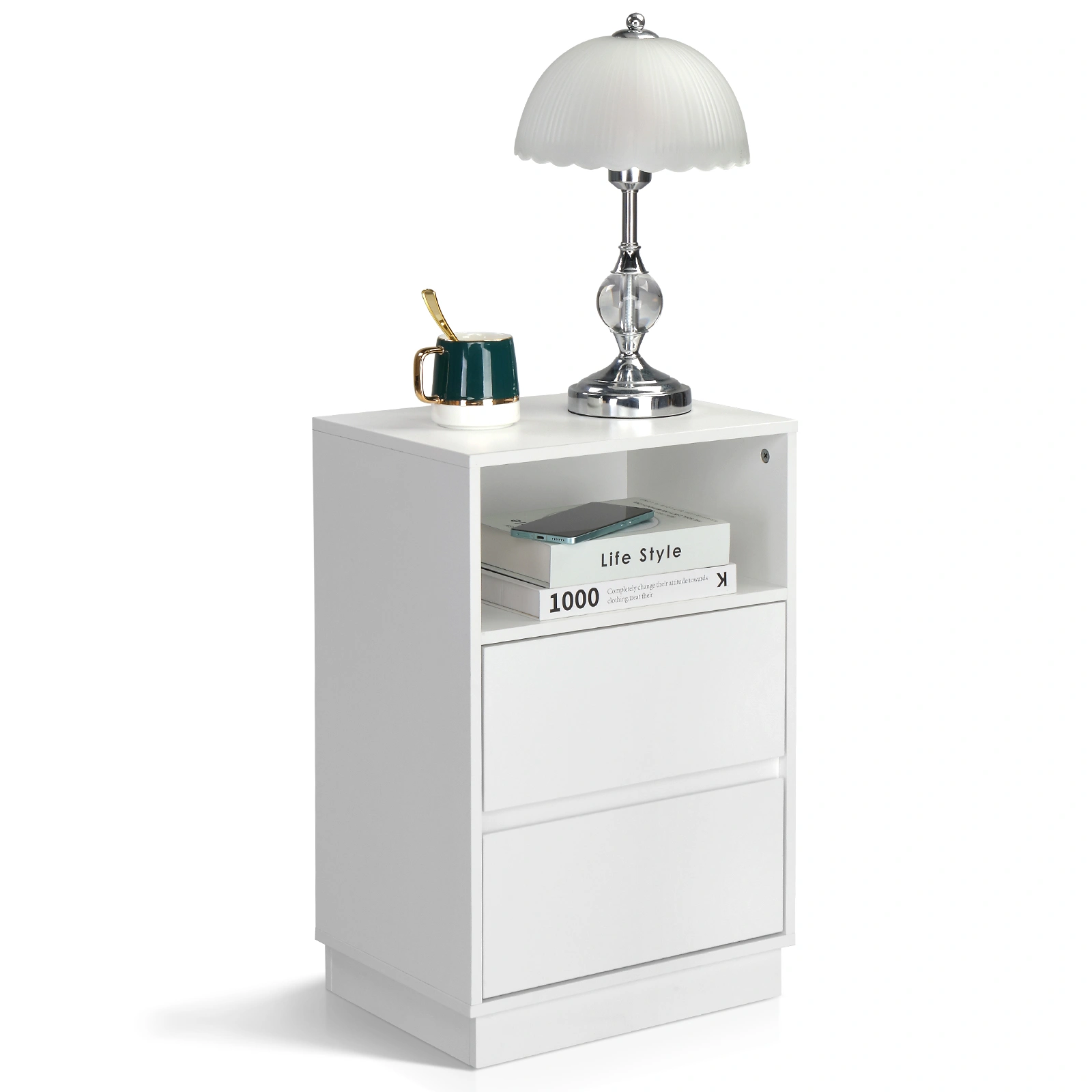 White Nightstand 40x30x60cm, 2-Drawer Bedside Table with Top Shelf, Melamine Finish P2 Particleboard, Beveled Edge Design view 13