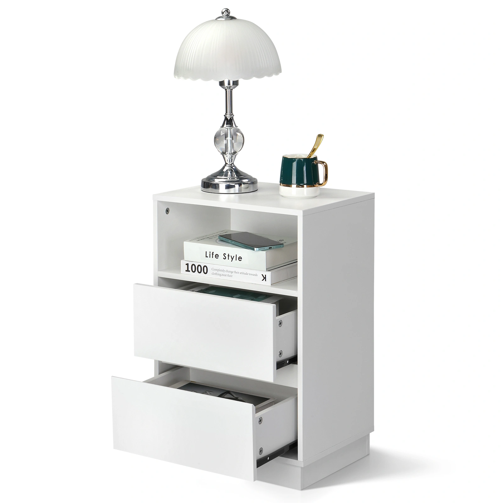 White Nightstand 40x30x60cm, 2-Drawer Bedside Table with Top Shelf, Melamine Finish P2 Particleboard, Beveled Edge Design view 14