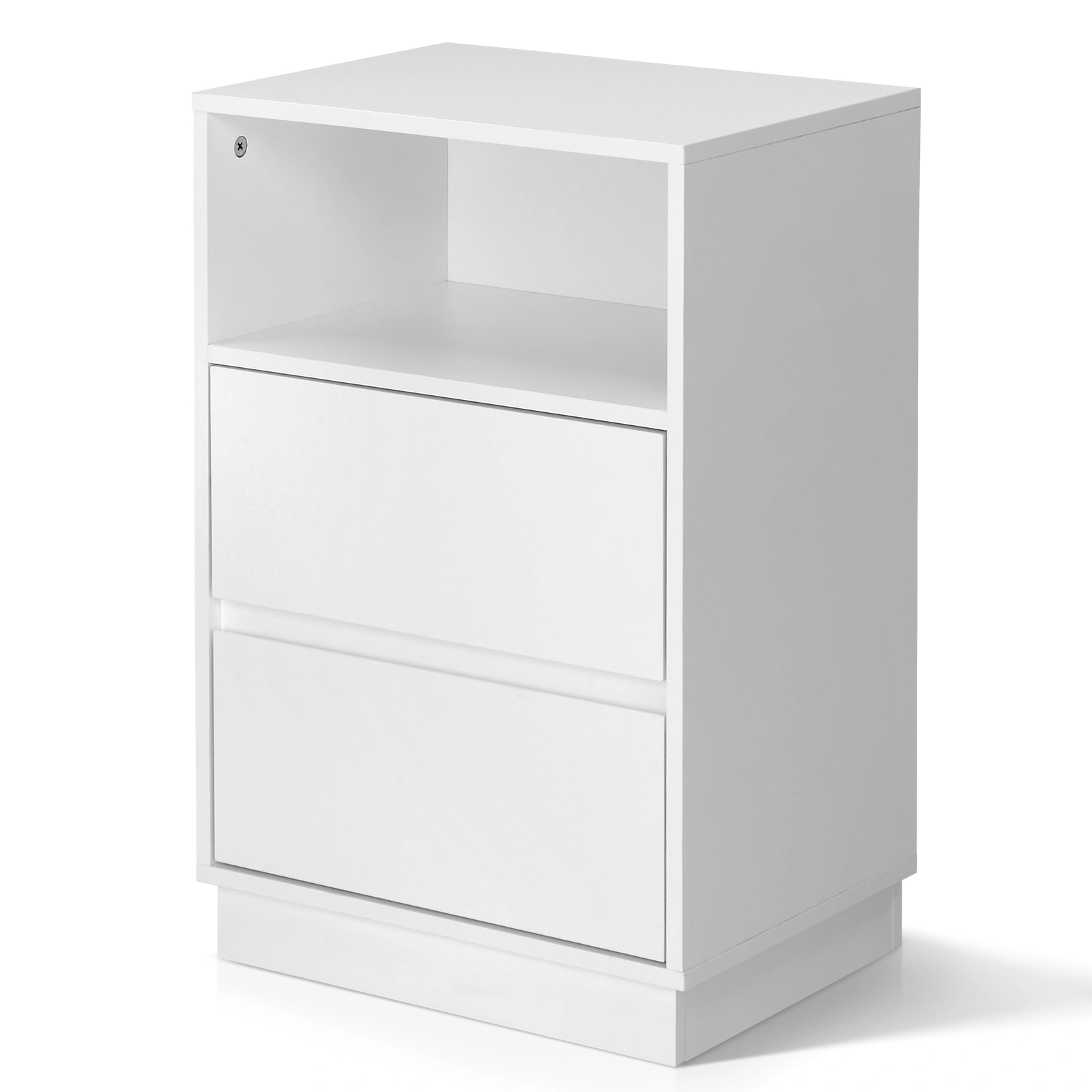 White Nightstand 40x30x60cm, 2-Drawer Bedside Table with Top Shelf, Melamine Finish P2 Particleboard, Beveled Edge Design view 15