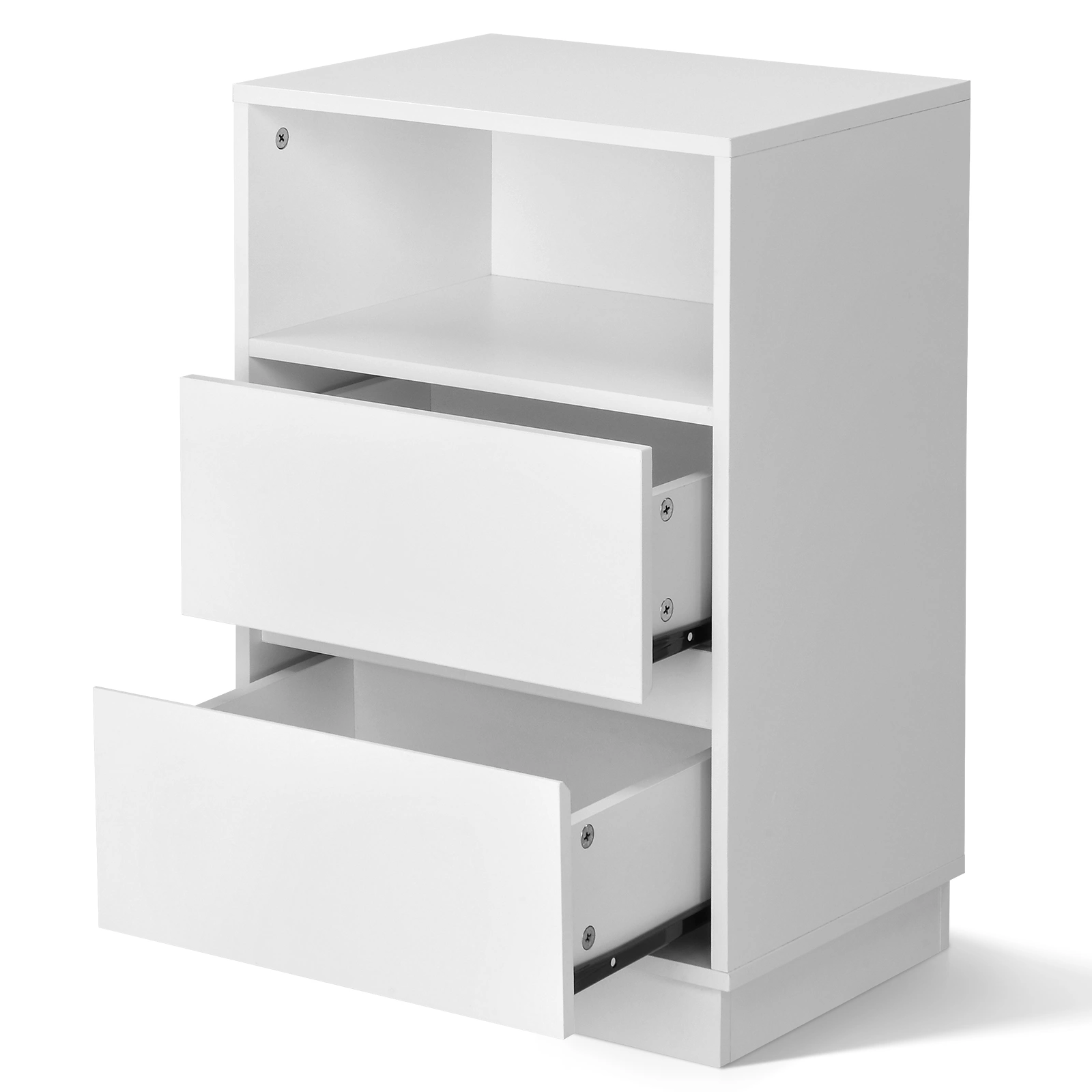White Nightstand 40x30x60cm, 2-Drawer Bedside Table with Top Shelf, Melamine Finish P2 Particleboard, Beveled Edge Design view 16