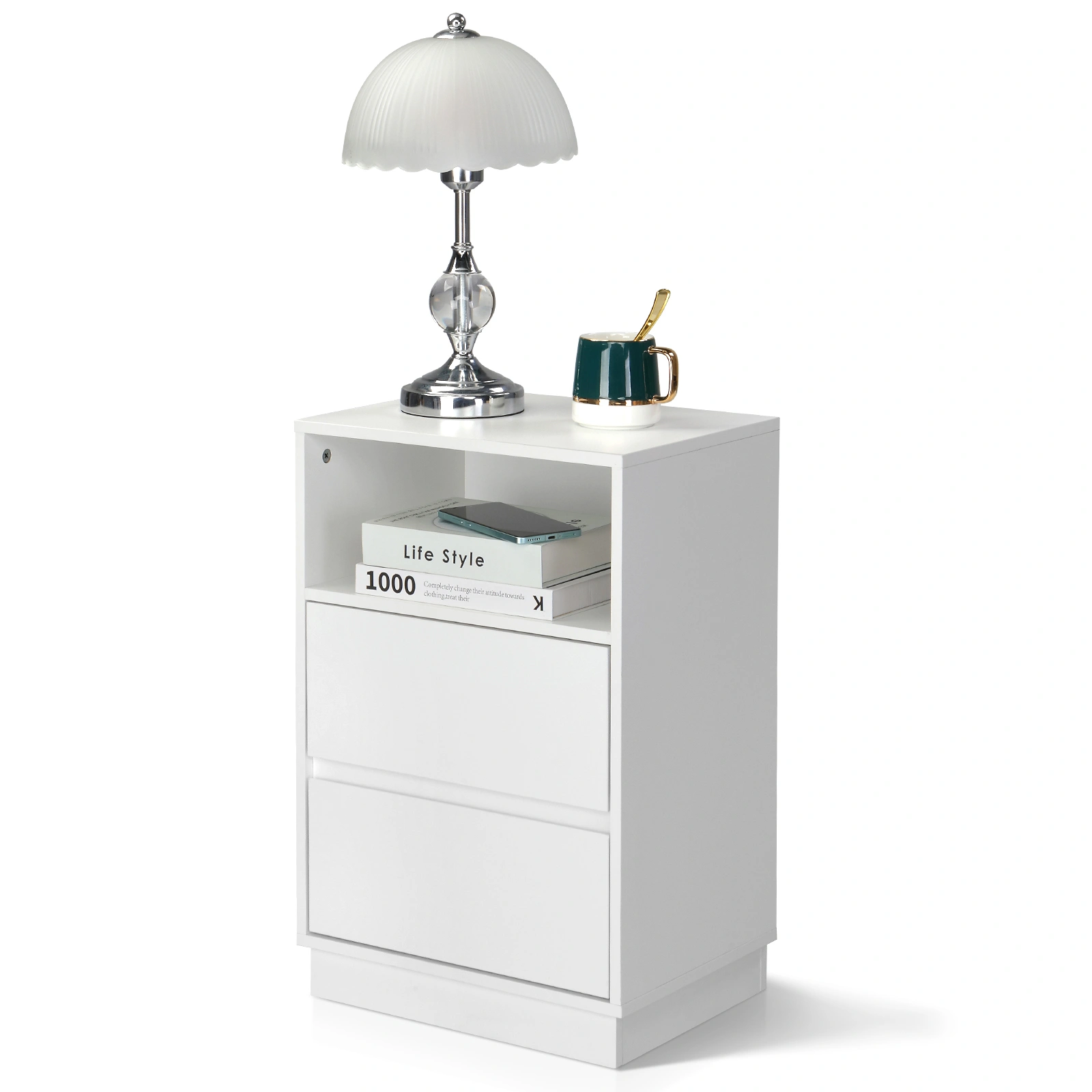 White Nightstand 40x30x60cm, 2-Drawer Bedside Table with Top Shelf, Melamine Finish P2 Particleboard, Beveled Edge Design view 17
