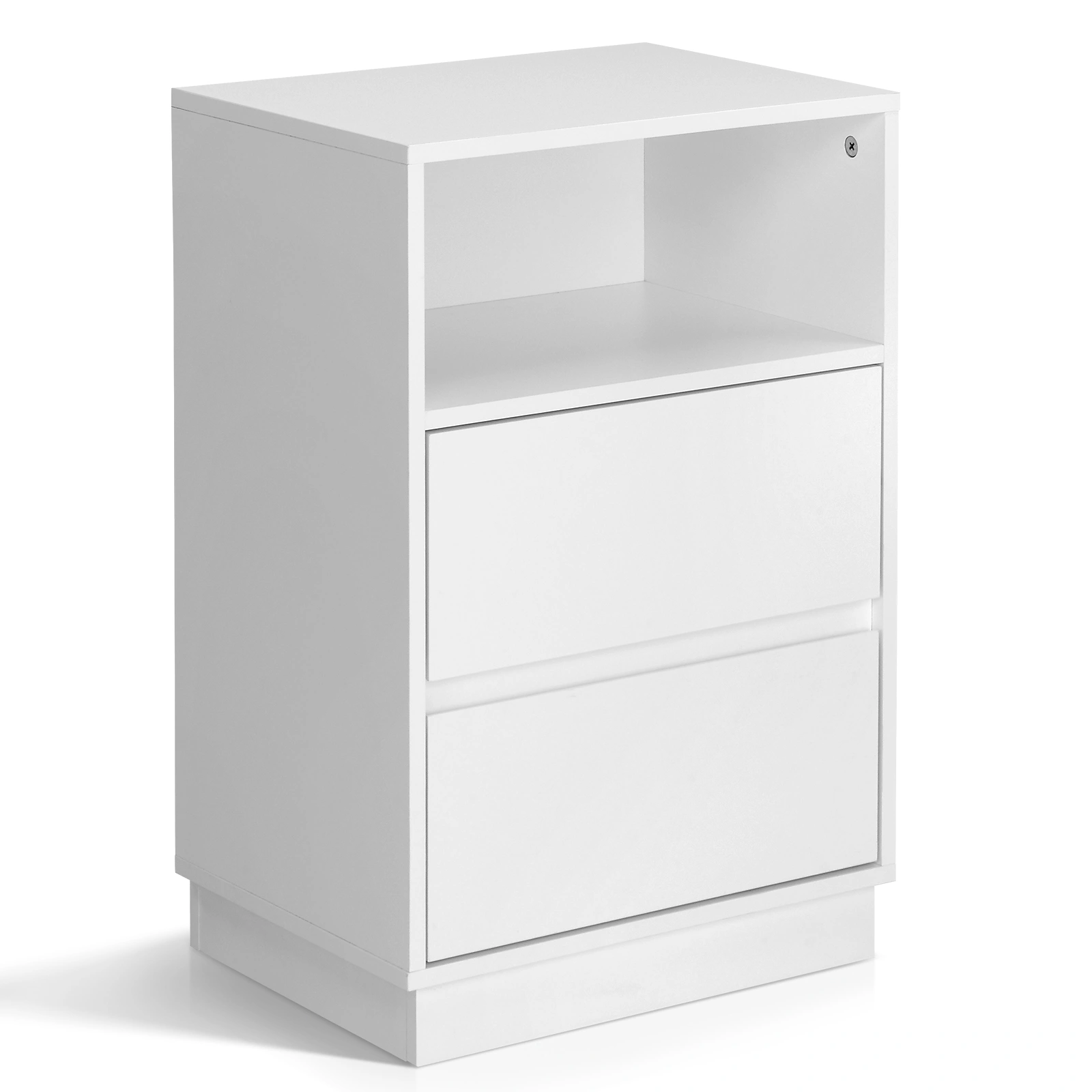 White Nightstand 40x30x60cm, 2-Drawer Bedside Table with Top Shelf, Melamine Finish P2 Particleboard, Beveled Edge Design view 18
