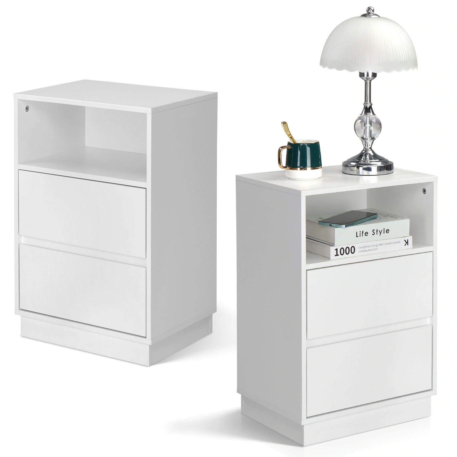 White Nightstand 40x30x60cm, 2-Drawer Bedside Table with Top Shelf, Melamine Finish P2 Particleboard, Beveled Edge Design view 2