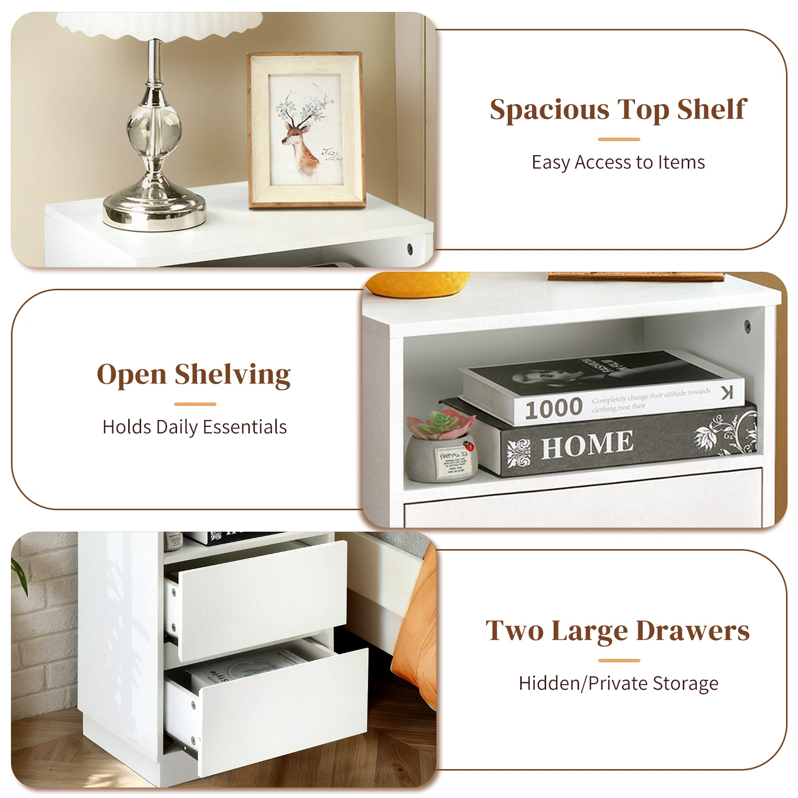 White Nightstand 40x30x60cm, 2-Drawer Bedside Table with Top Shelf, Melamine Finish P2 Particleboard, Beveled Edge Design view 4