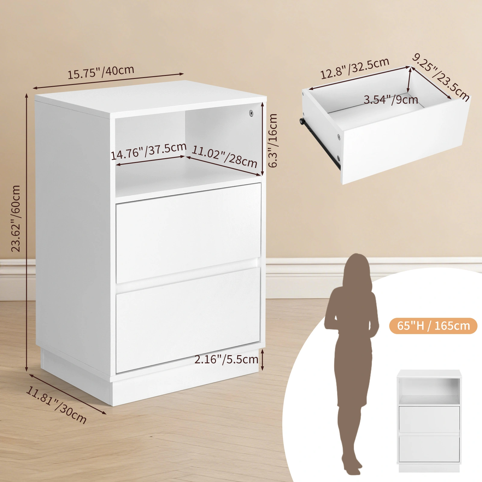 White Nightstand 40x30x60cm, 2-Drawer Bedside Table with Top Shelf, Melamine Finish P2 Particleboard, Beveled Edge Design view 5