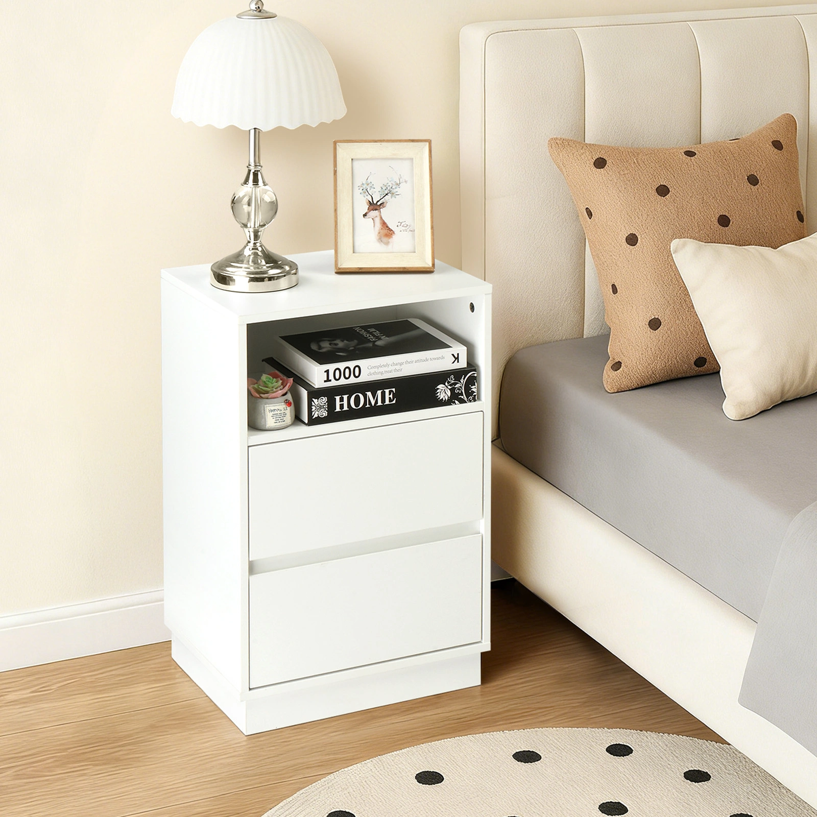White Nightstand 40x30x60cm, 2-Drawer Bedside Table with Top Shelf, Melamine Finish P2 Particleboard, Beveled Edge Design view 6