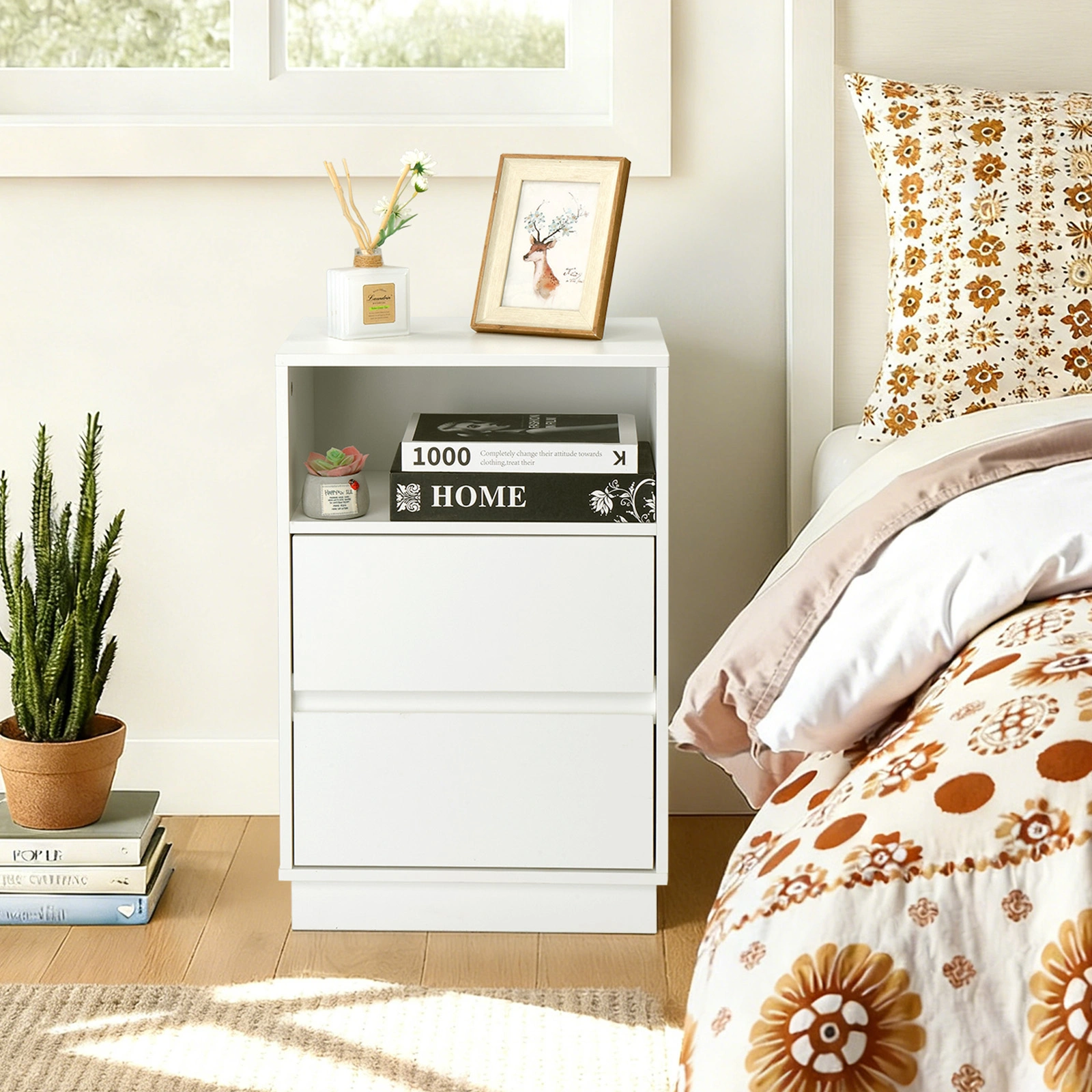White Nightstand 40x30x60cm, 2-Drawer Bedside Table with Top Shelf, Melamine Finish P2 Particleboard, Beveled Edge Design view 7