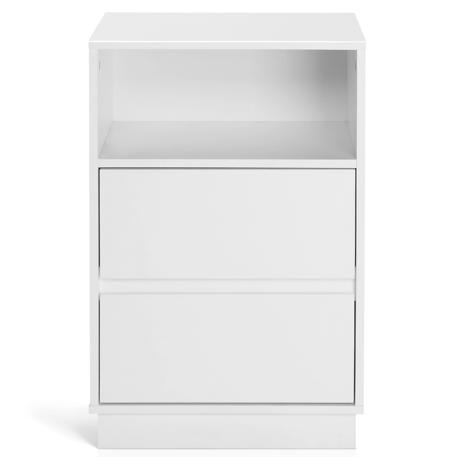 White Nightstand 40x30x60cm, 2-Drawer Bedside Table with Top Shelf, Melamine Finish P2 Particleboard, Beveled Edge Design view 9
