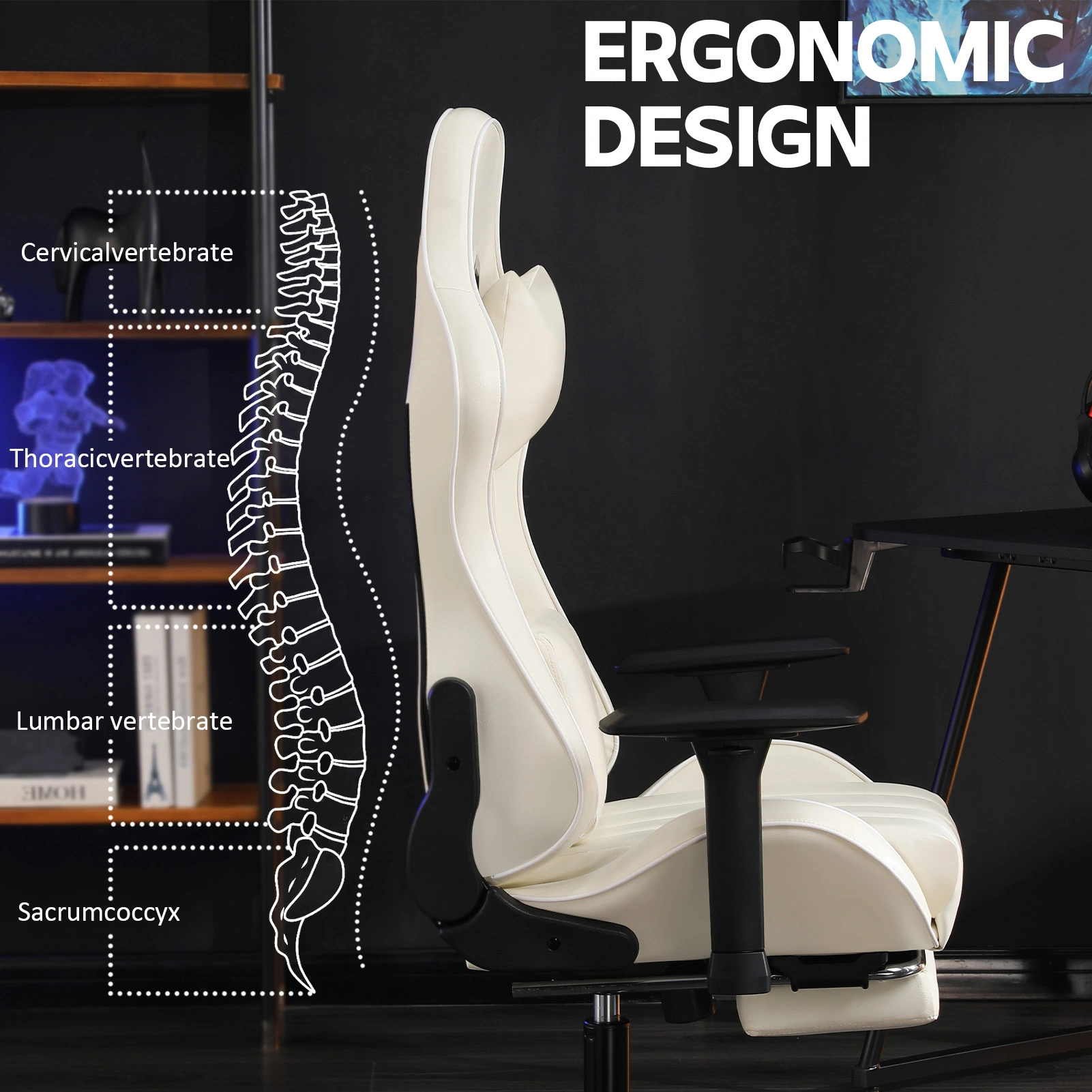 Ergonomic Gaming Chair for Adults, Heavy Duty Office Chair with Footrest & Lumbar Support, 360 Swivel PU Leather Desk Chair, Beige view 2