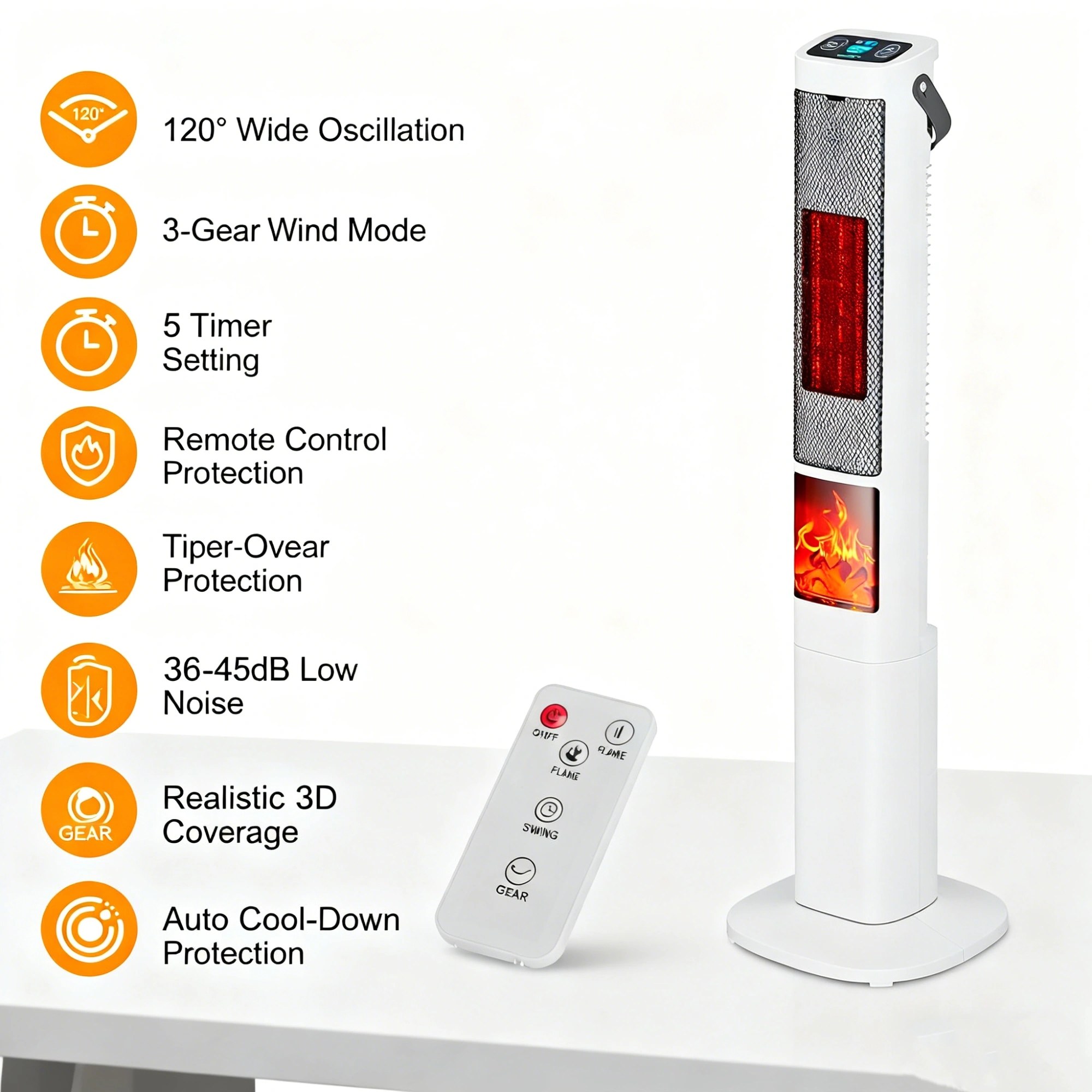 Oscillating Space Heater with 3D Flame Effect, 120° Wide Angle, 30% Faster Heat, 5 Timer, Remote Control, Tip-Over Safety view 12