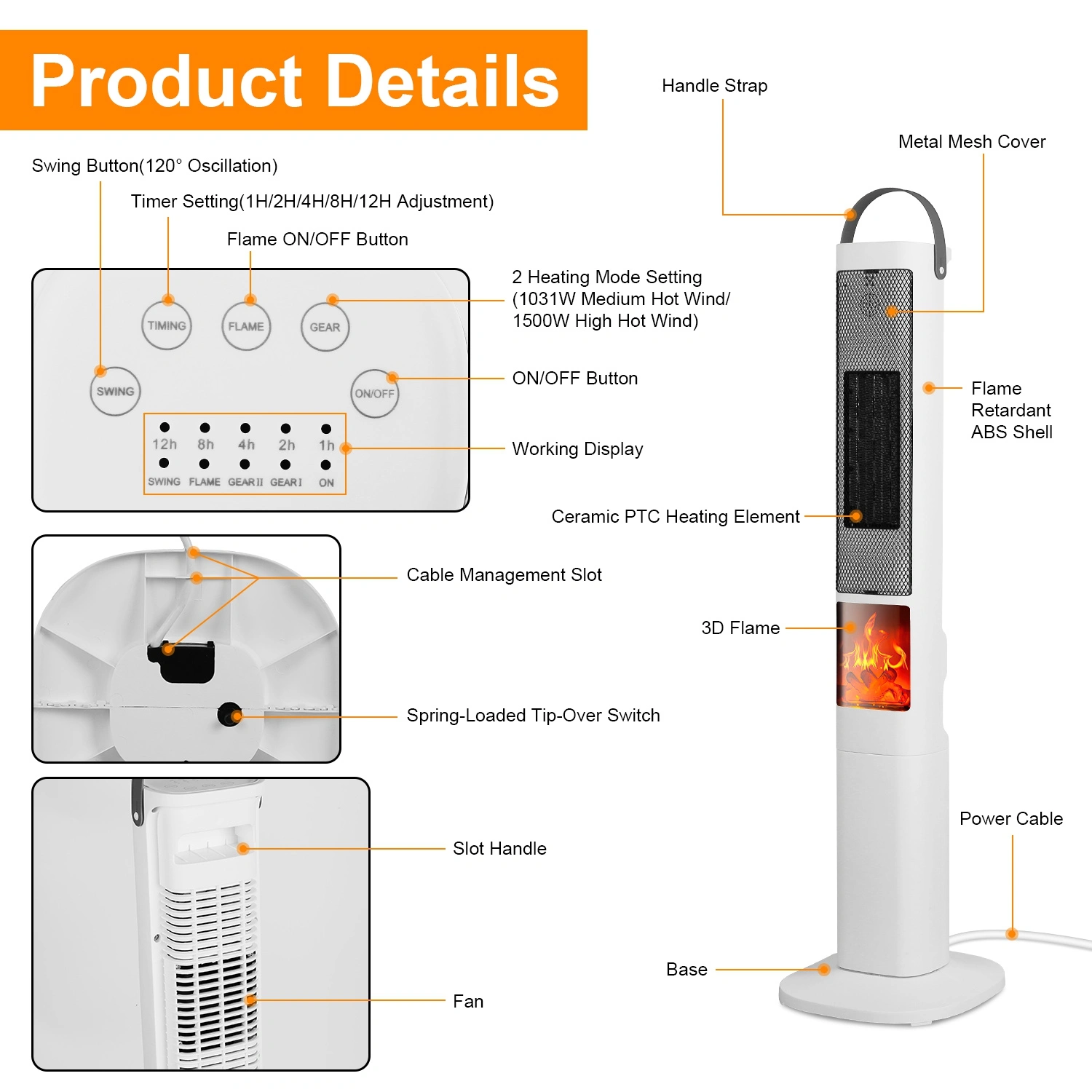 Oscillating Space Heater with 3D Flame Effect, 120° Wide Angle, 30% Faster Heat, 5 Timer, Remote Control, Tip-Over Safety view 13