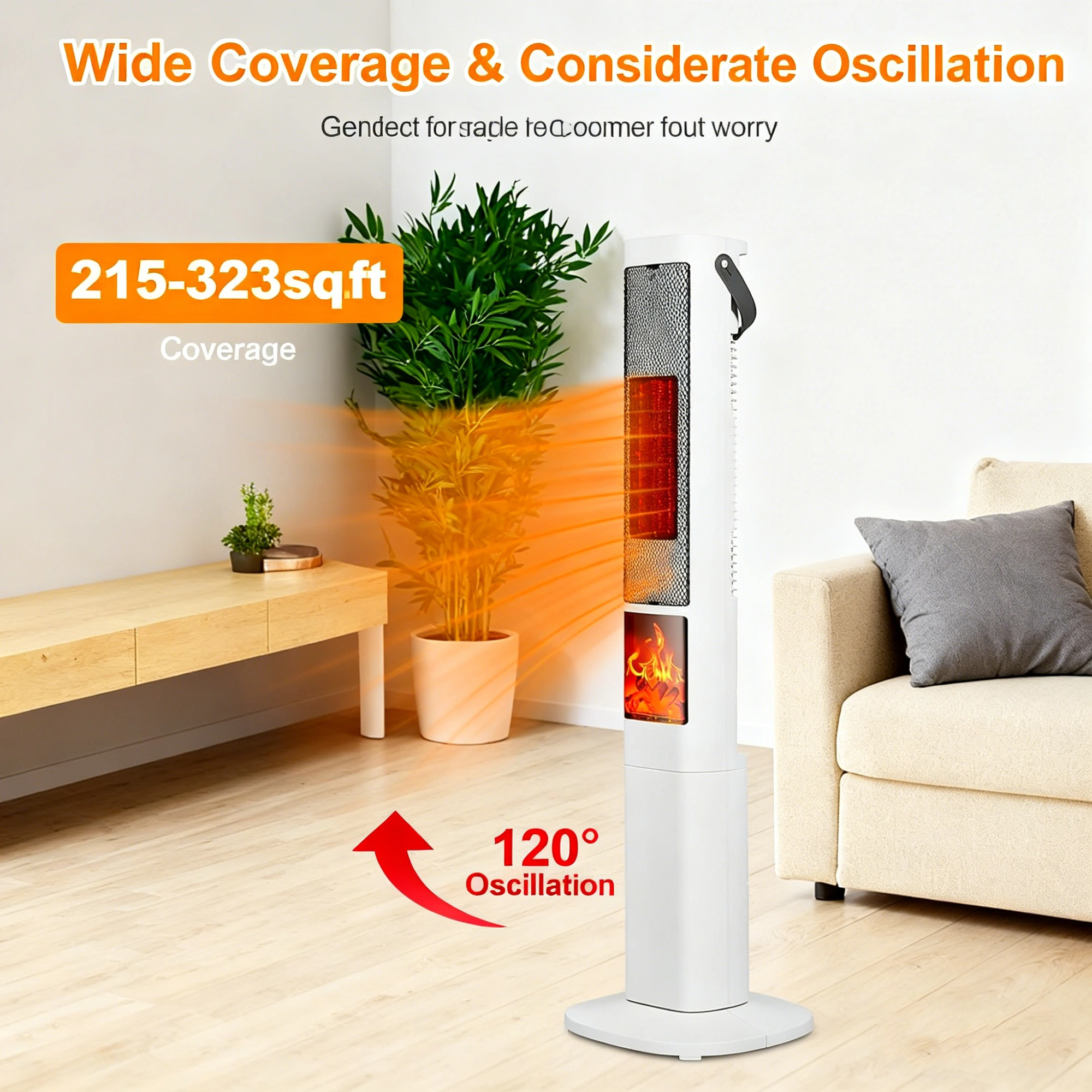 Oscillating Space Heater with 3D Flame Effect, 120° Wide Angle, 30% Faster Heat, 5 Timer, Remote Control, Tip-Over Safety view 4