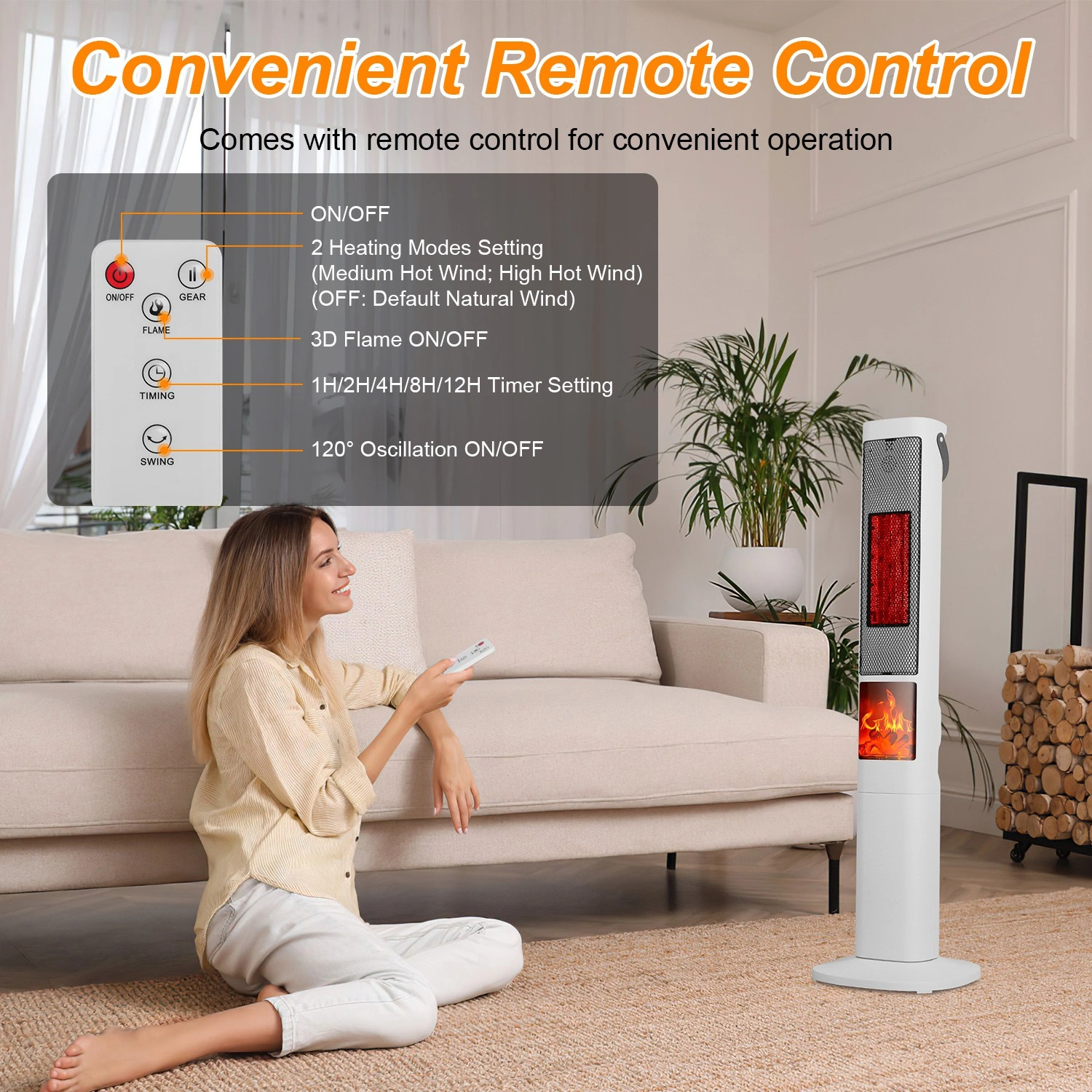 Oscillating Space Heater with 3D Flame Effect, 120° Wide Angle, 30% Faster Heat, 5 Timer, Remote Control, Tip-Over Safety view 8