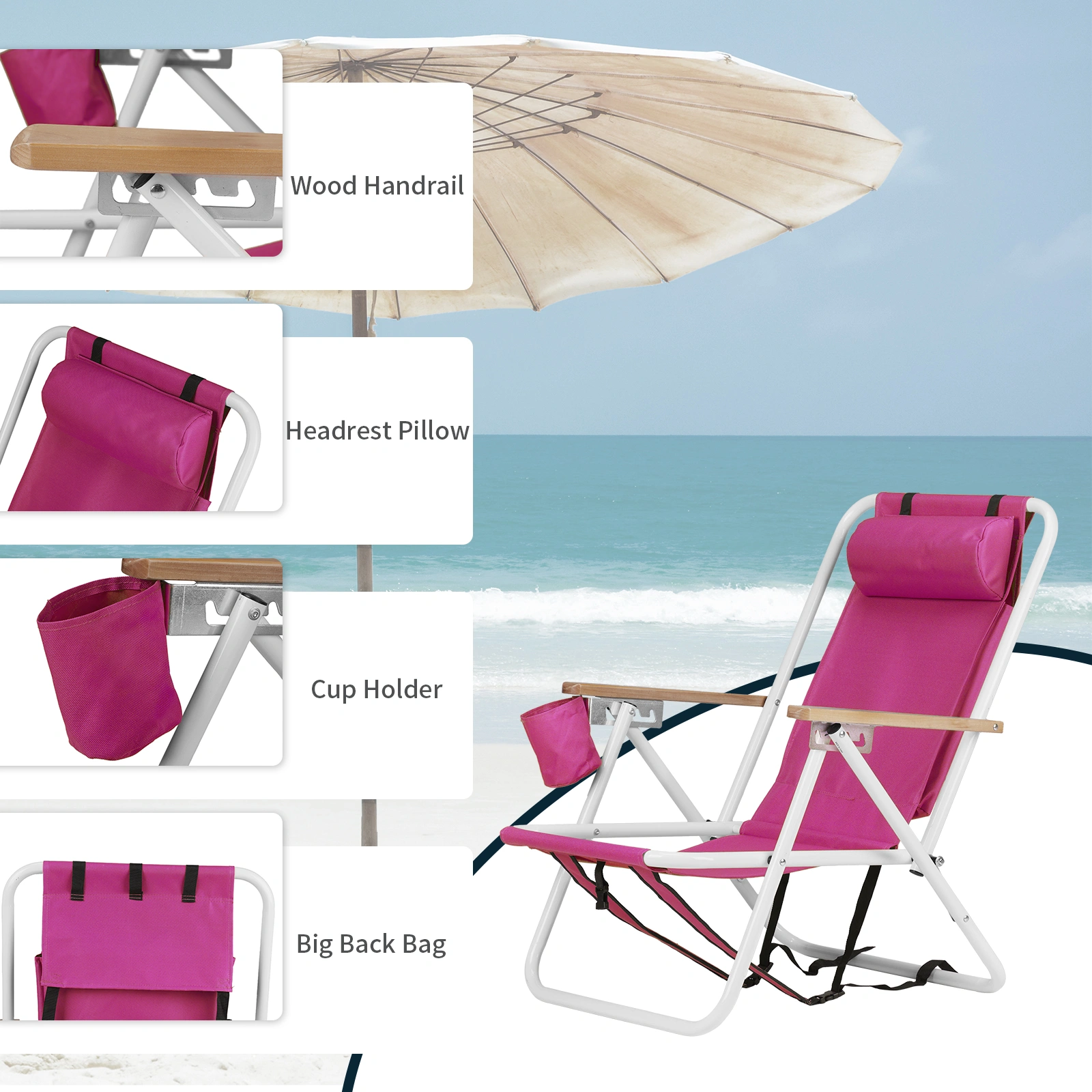 1 PC Barbie Pink Folding Beach Chair, 7.9 Inch Seat Height, 17.7 Inch Wide, 17.3 Inch Deep, Steel Tube Frame with Oxford Fabric, 120kg Load Capacity view 7