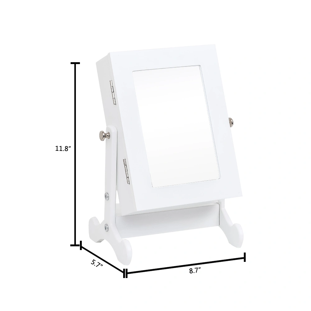 White Countertop Jewelry Cabinet with Mirror & Stand - Small Armoire Storage Box Organizer view 3