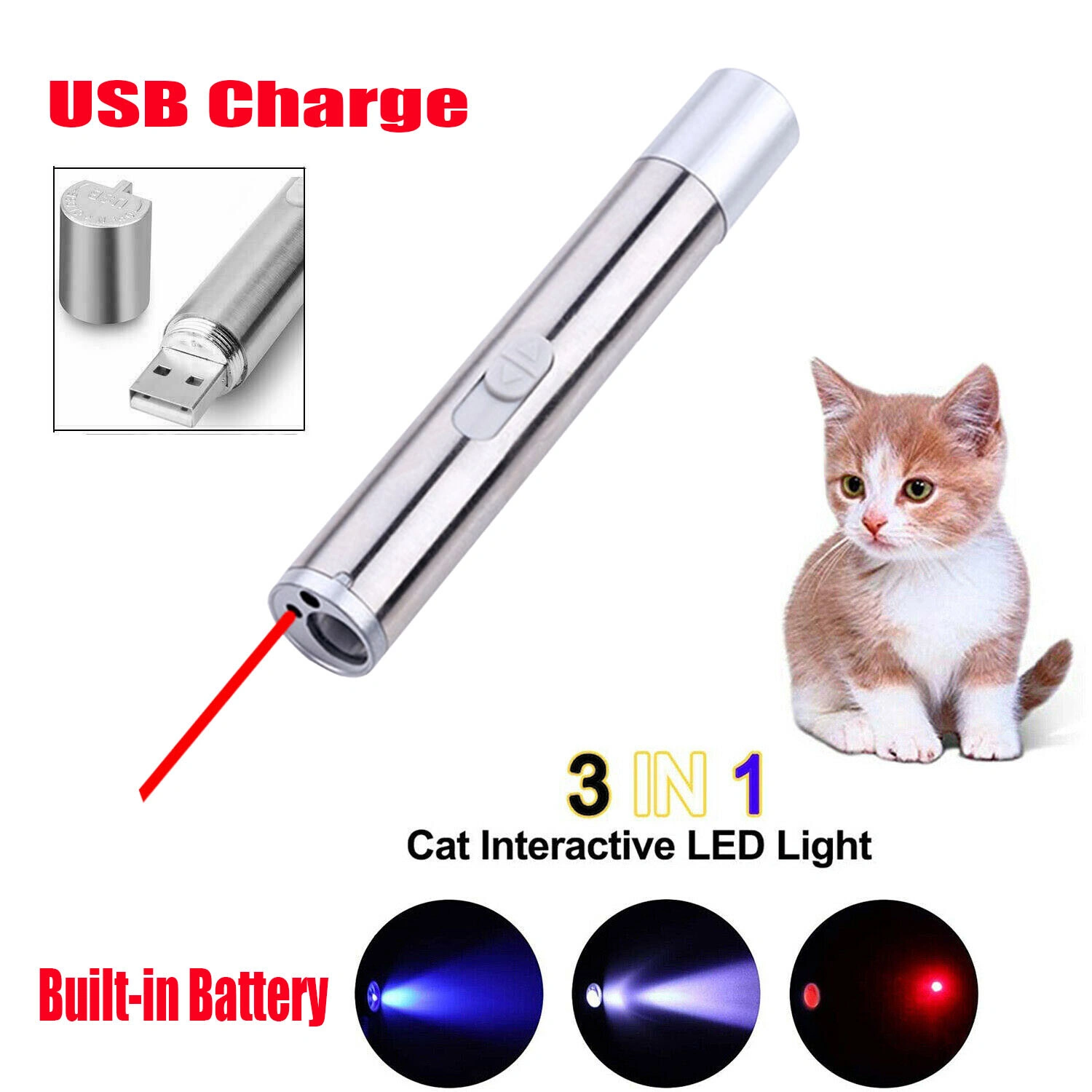 3 in1 1mw USB Rechargeable Pet Toy Pen Flashlight Red laser Beam UV Light 3-Modes Lamp (US Logistics For USPS/DHL/Fedex/UPS. No designated logistics accepted,TK/TMEU only For self-pickup) view 12