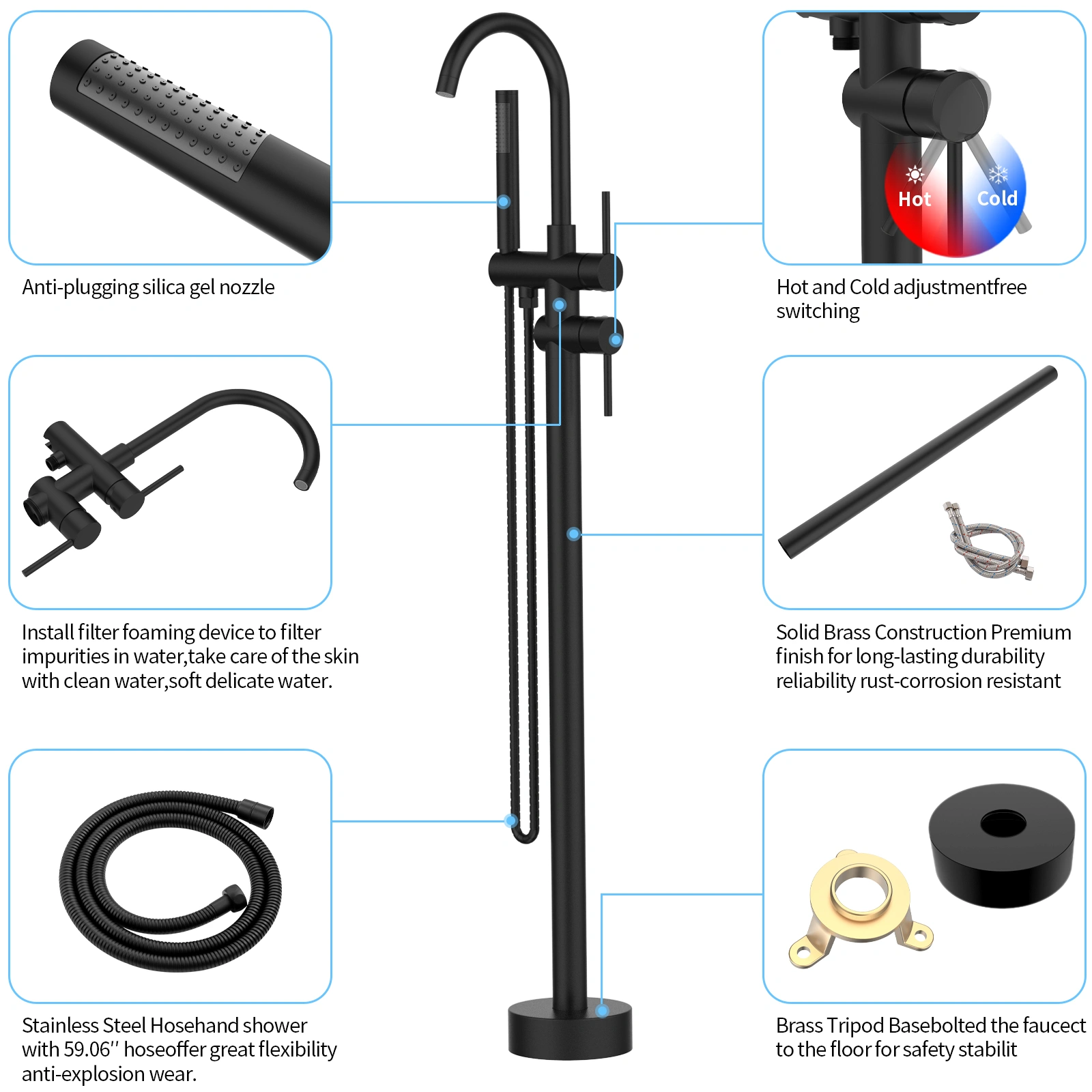 Floor Mount Bathtub Faucet Freestanding Tub Filler Matte Black Standing High Flow Shower Faucets with Handheld Shower Mixer Taps Swivel Spout[Unable ship on weekends, TK/TEMU only for pickup, only TX10643 warehouse supports GOFO]auti view 2