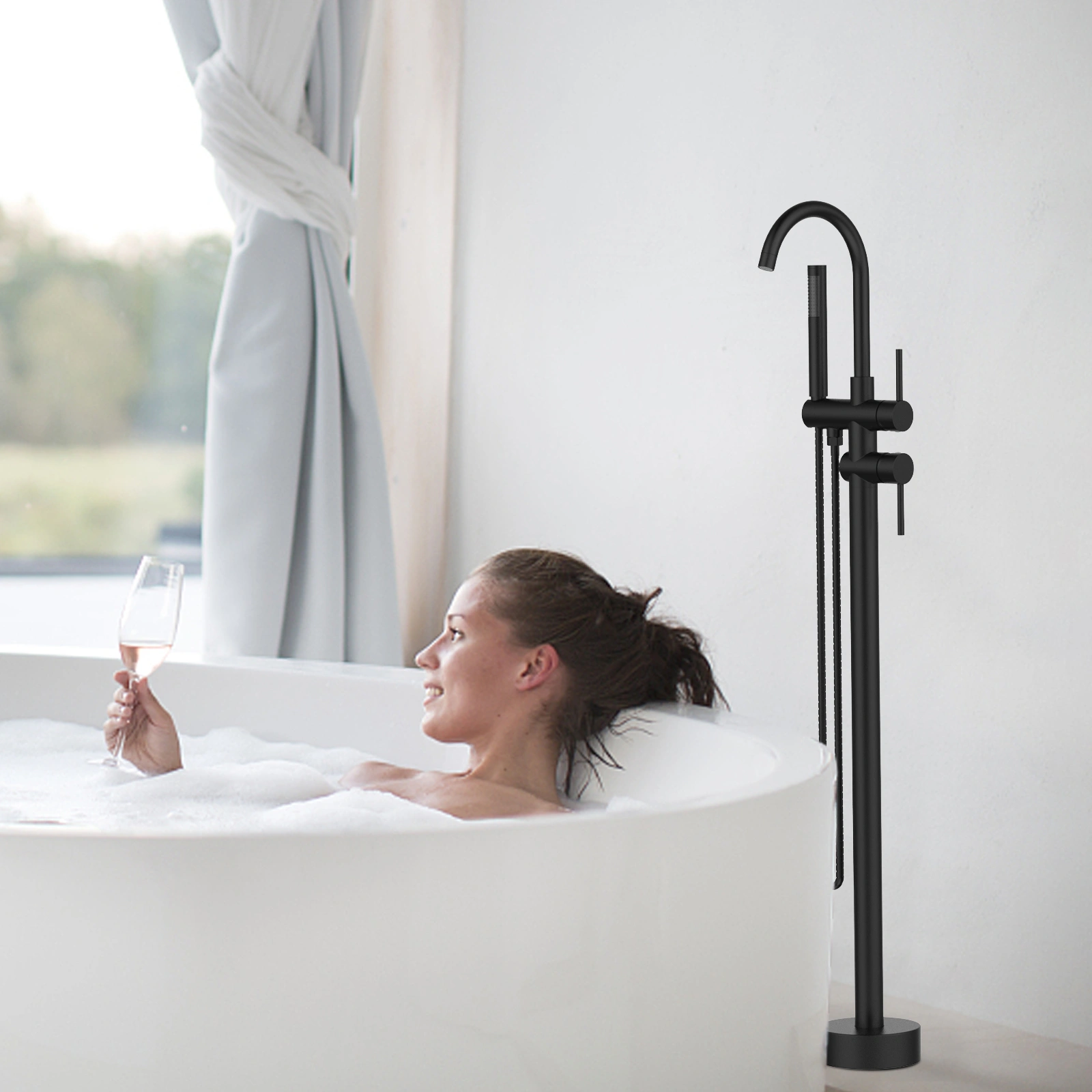 Floor Mount Bathtub Faucet Freestanding Tub Filler Matte Black Standing High Flow Shower Faucets with Handheld Shower Mixer Taps Swivel Spout[Unable ship on weekends, TK/TEMU only for pickup, only TX10643 warehouse supports GOFO]auti view 4