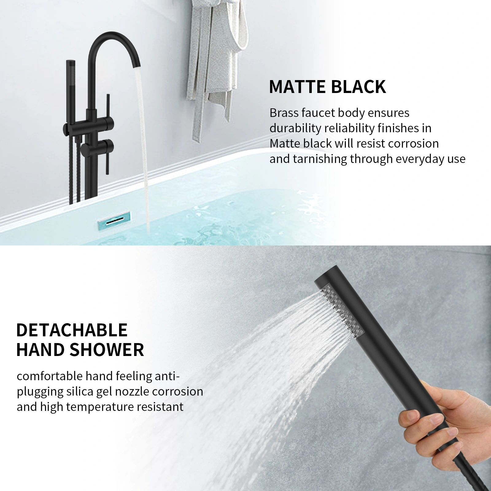 Floor Mount Bathtub Faucet Freestanding Tub Filler Matte Black Standing High Flow Shower Faucets with Handheld Shower Mixer Taps Swivel Spout[Unable ship on weekends, TK/TEMU only for pickup, only TX10643 warehouse supports GOFO]auti view 5