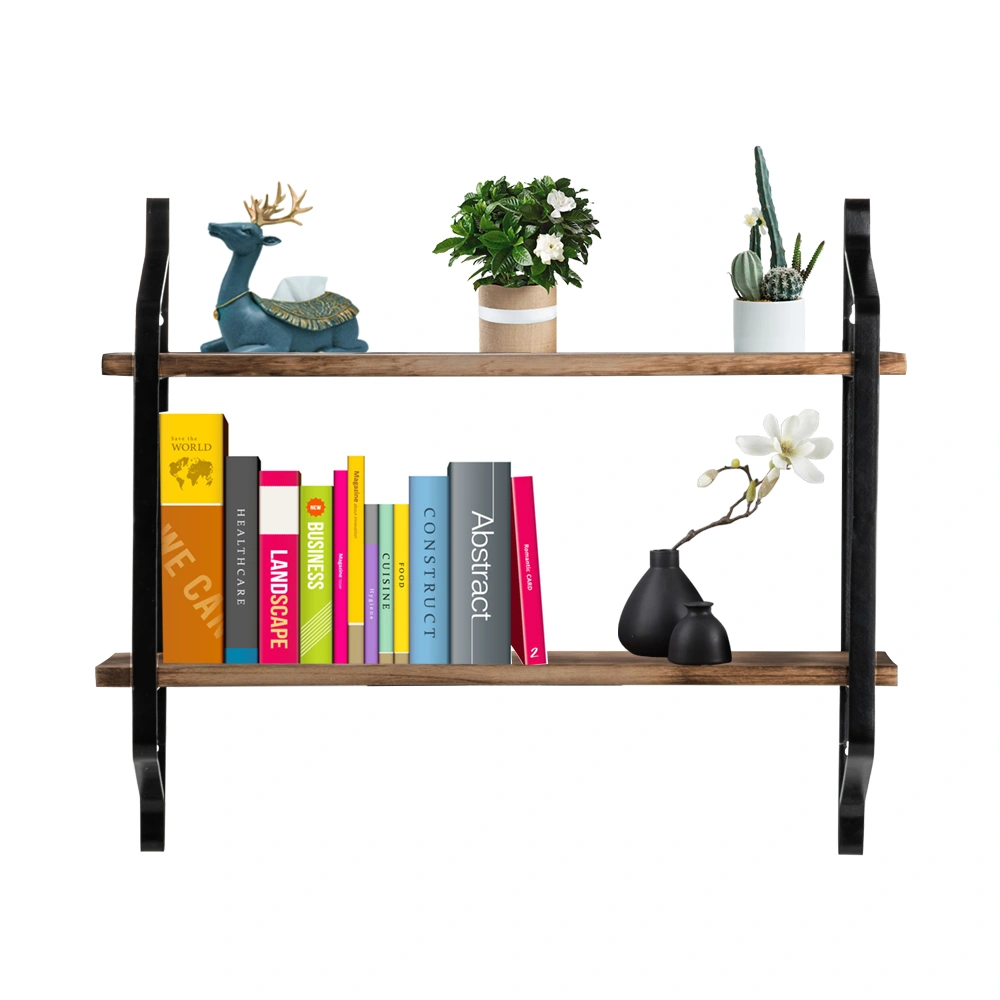 2 Tiers Floating Wall Shelves, Industrial Wood Storage Shelves Wall Mounted for Living Room Bedroom Kitchen Entryway Bathroom Decor view 2