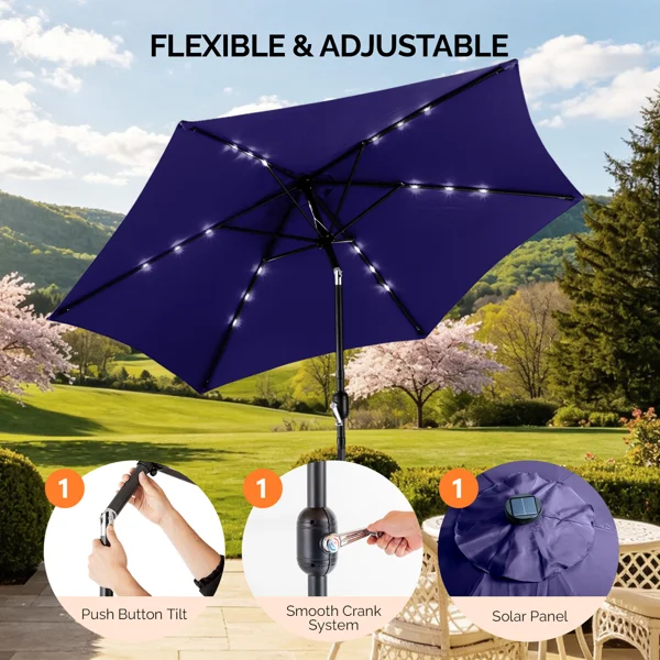 9ft Solar LED Patio Umbrella with Push Button Tilt & Crank, 6 Ribs Waterproof Polyester Outdoor Market Table Umbrella for Garden Backyard Pool, Navy Blue view 4