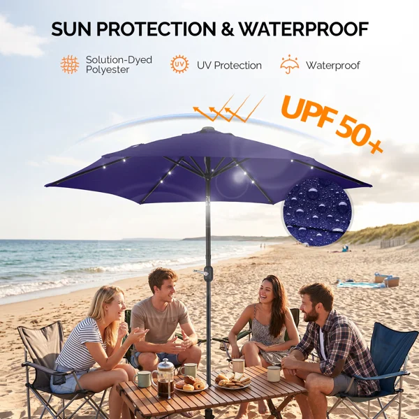 9ft Solar LED Patio Umbrella with Push Button Tilt & Crank, 6 Ribs Waterproof Polyester Outdoor Market Table Umbrella for Garden Backyard Pool, Navy Blue view 5