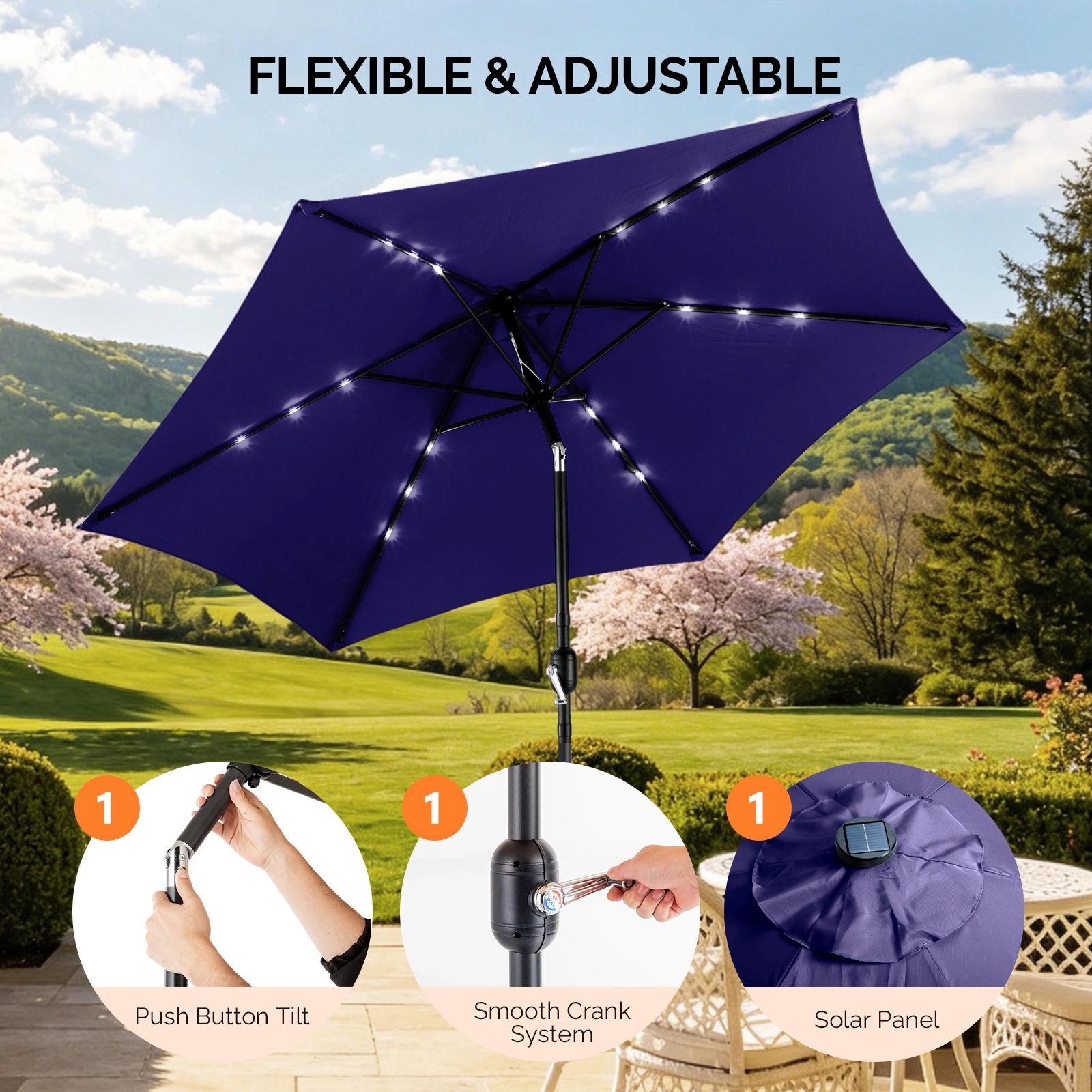 9ft Solar LED Patio Umbrella with Push Button Tilt & Crank, 6 Ribs Waterproof Polyester Outdoor Market Table Umbrella for Garden Backyard Pool, Navy Blue view 4
