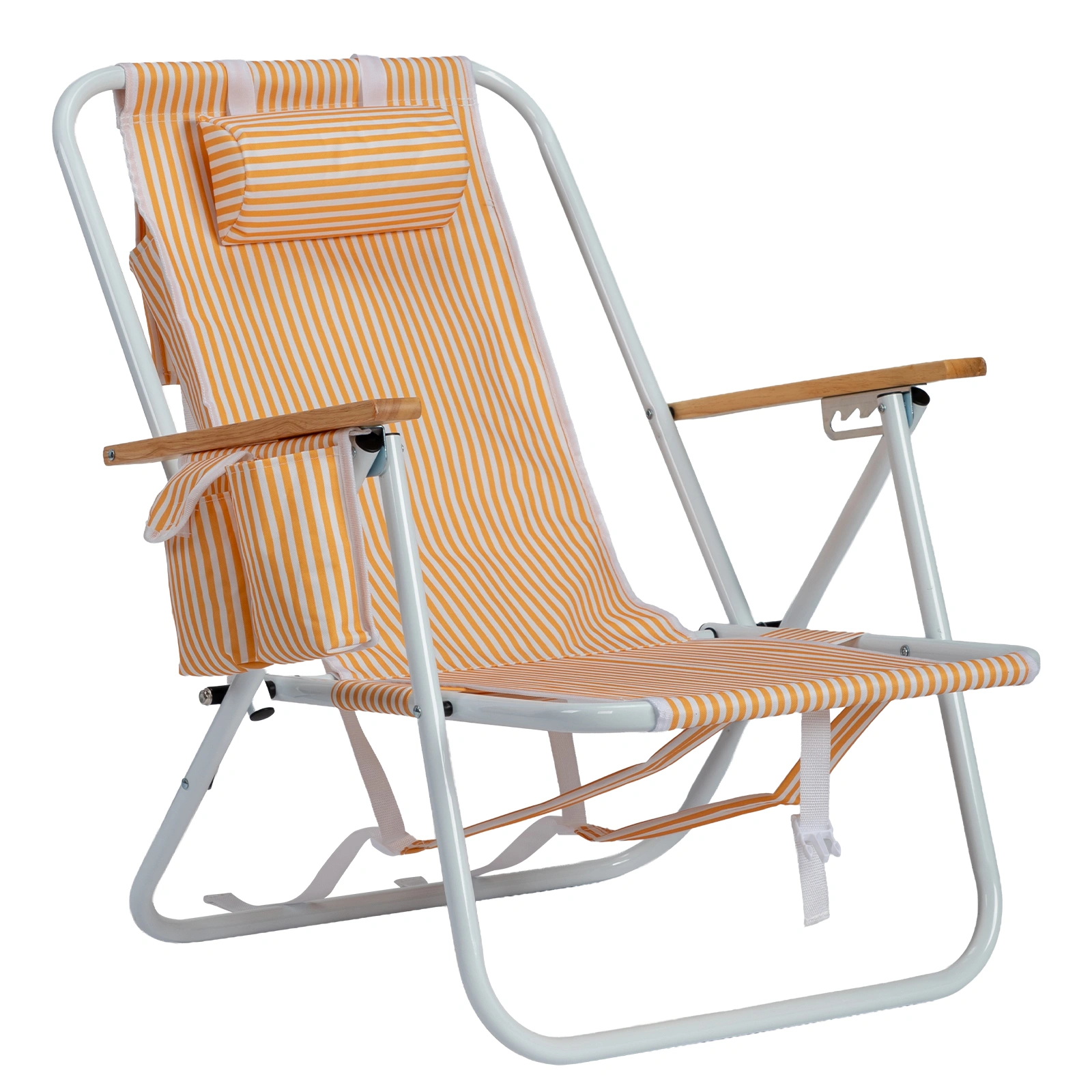 4-Position Adjustable Backpack Beach Chair, Foldable Rustproof Aluminum Frame Lounge Chair with Wooden Armrest, Side Storage Pockets & Detachable Pillow, 24"×22"×37" Outdoor Patio Camping Lawn Chair Holds up to 265 LBS, Orange White Vertical Stripe