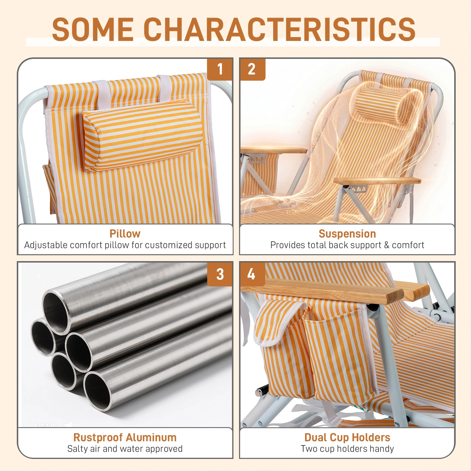 4-Position Adjustable Backpack Beach Chair, Foldable Rustproof Aluminum Frame Lounge Chair with Wooden Armrest, Side Storage Pockets & Detachable Pillow, 24"×22"×37" Outdoor Patio Camping Lawn Chair Holds up to 265 LBS, Orange White Vertical Stripe view 10