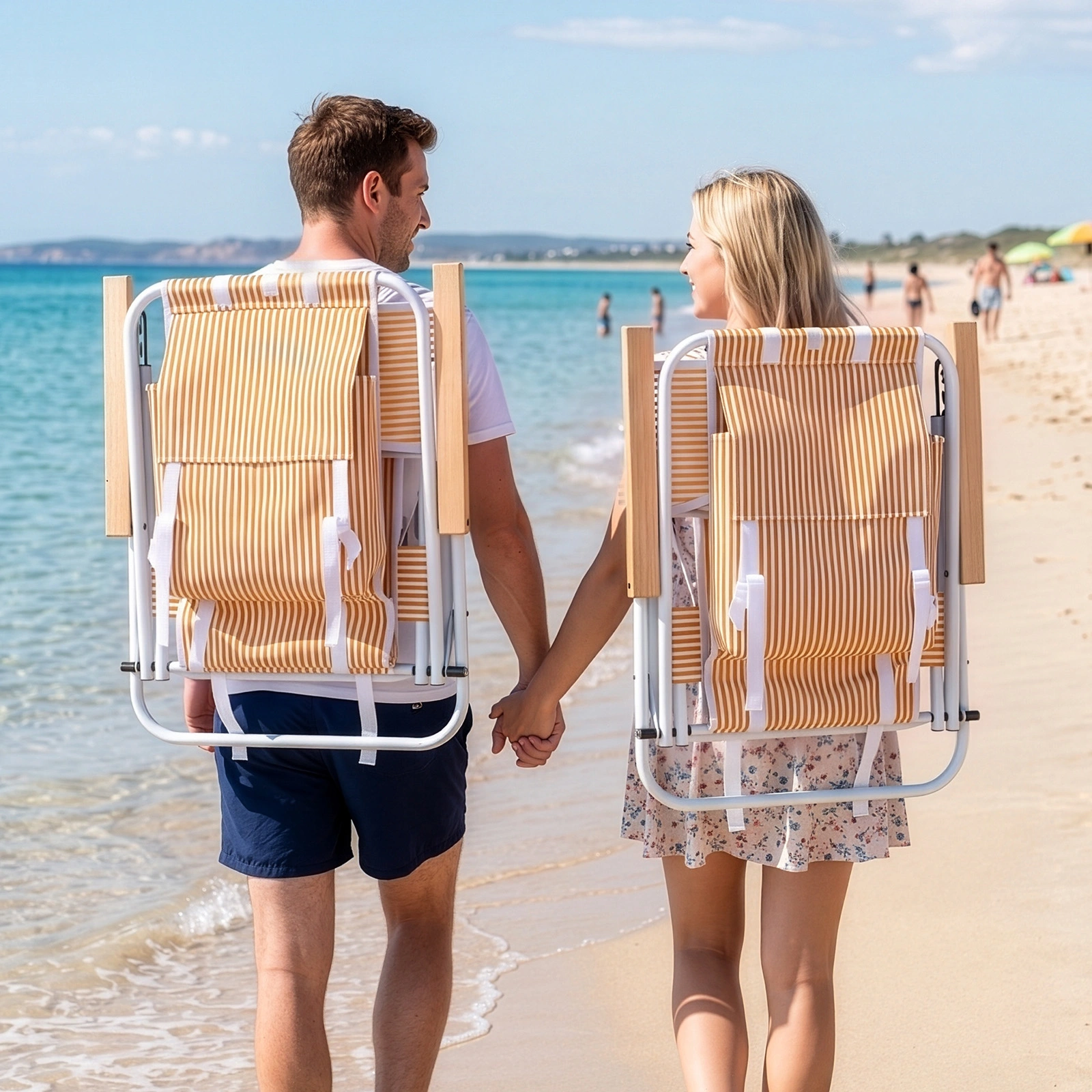 4-Position Adjustable Backpack Beach Chair, Foldable Rustproof Aluminum Frame Lounge Chair with Wooden Armrest, Side Storage Pockets & Detachable Pillow, 24"×22"×37" Outdoor Patio Camping Lawn Chair Holds up to 265 LBS, Orange White Vertical Stripe view 14