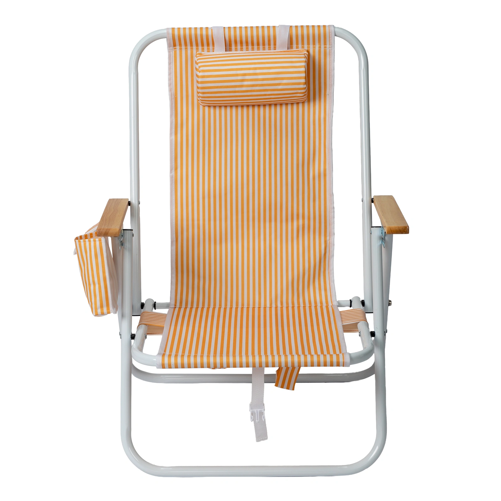 4-Position Adjustable Backpack Beach Chair, Foldable Rustproof Aluminum Frame Lounge Chair with Wooden Armrest, Side Storage Pockets & Detachable Pillow, 24"×22"×37" Outdoor Patio Camping Lawn Chair Holds up to 265 LBS, Orange White Vertical Stripe view 2