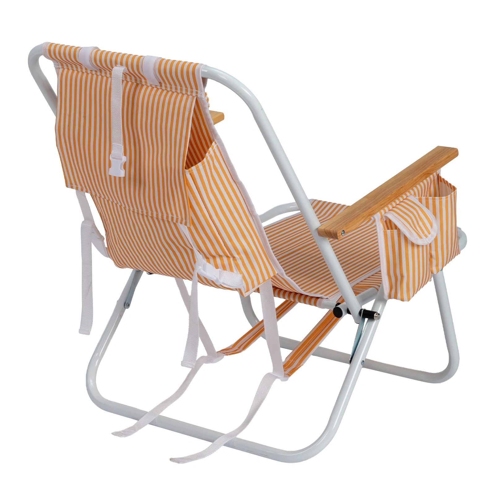 4-Position Adjustable Backpack Beach Chair, Foldable Rustproof Aluminum Frame Lounge Chair with Wooden Armrest, Side Storage Pockets & Detachable Pillow, 24"×22"×37" Outdoor Patio Camping Lawn Chair Holds up to 265 LBS, Orange White Vertical Stripe view 3