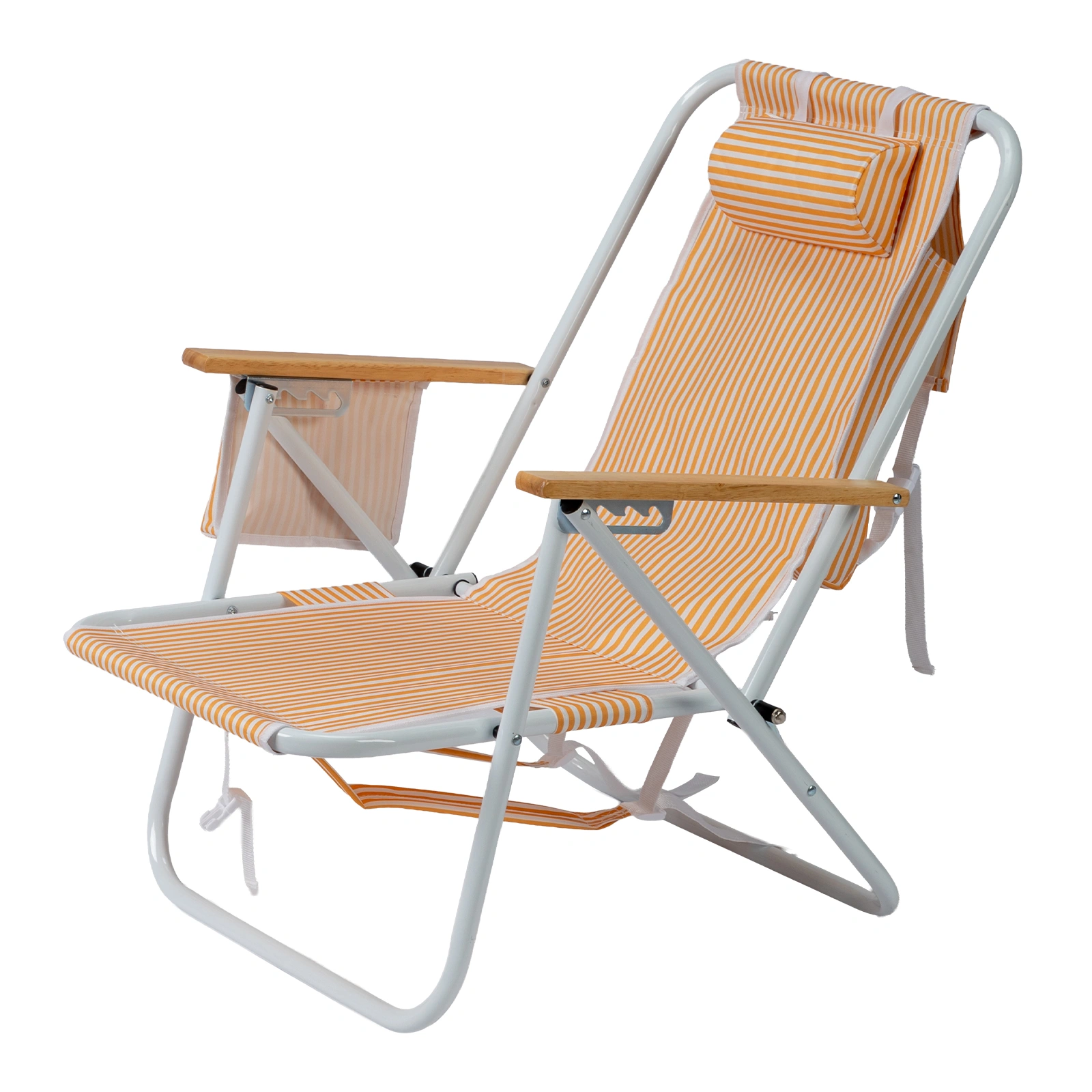 4-Position Adjustable Backpack Beach Chair, Foldable Rustproof Aluminum Frame Lounge Chair with Wooden Armrest, Side Storage Pockets & Detachable Pillow, 24"×22"×37" Outdoor Patio Camping Lawn Chair Holds up to 265 LBS, Orange White Vertical Stripe view 4