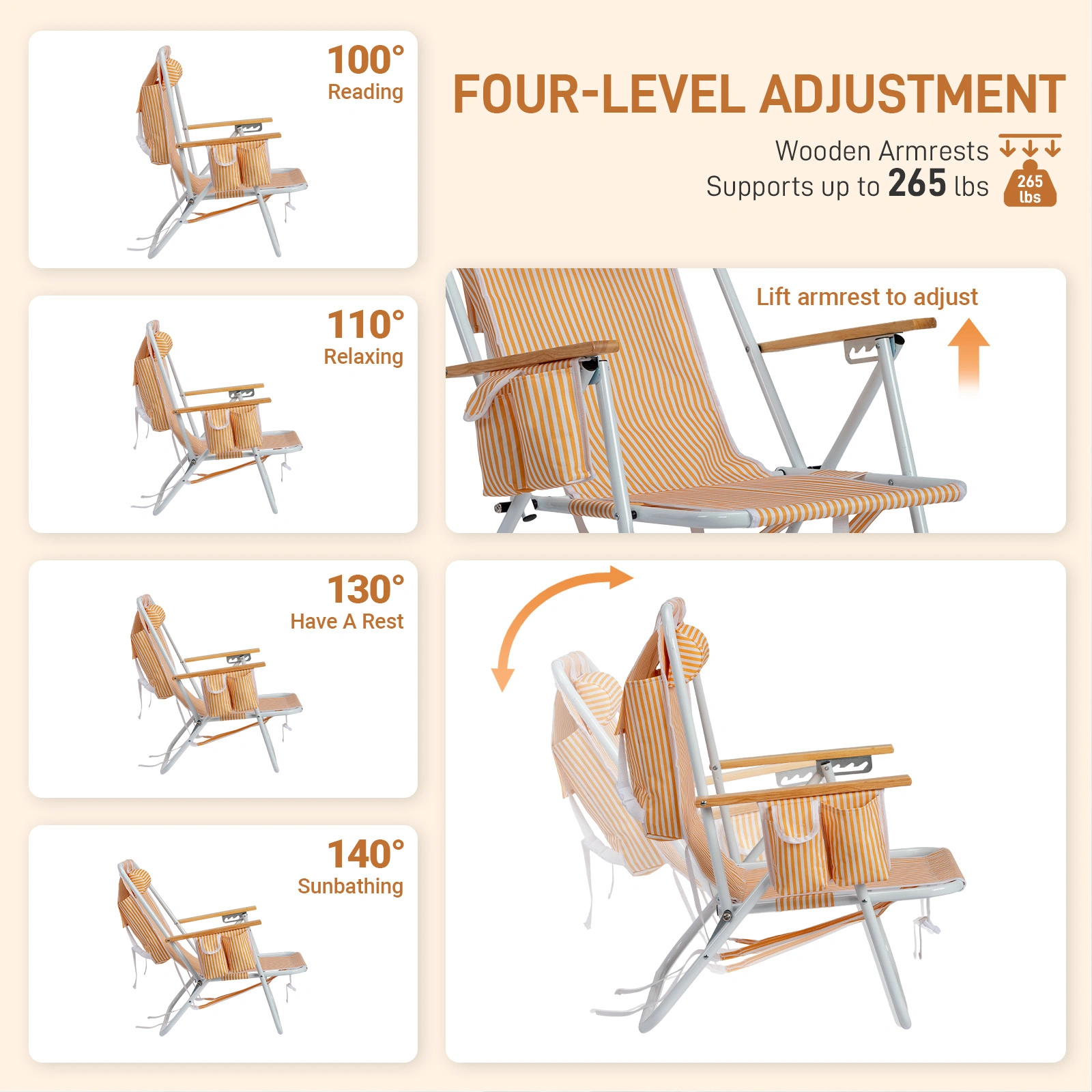 4-Position Adjustable Backpack Beach Chair, Foldable Rustproof Aluminum Frame Lounge Chair with Wooden Armrest, Side Storage Pockets & Detachable Pillow, 24"×22"×37" Outdoor Patio Camping Lawn Chair Holds up to 265 LBS, Orange White Vertical Stripe view 6